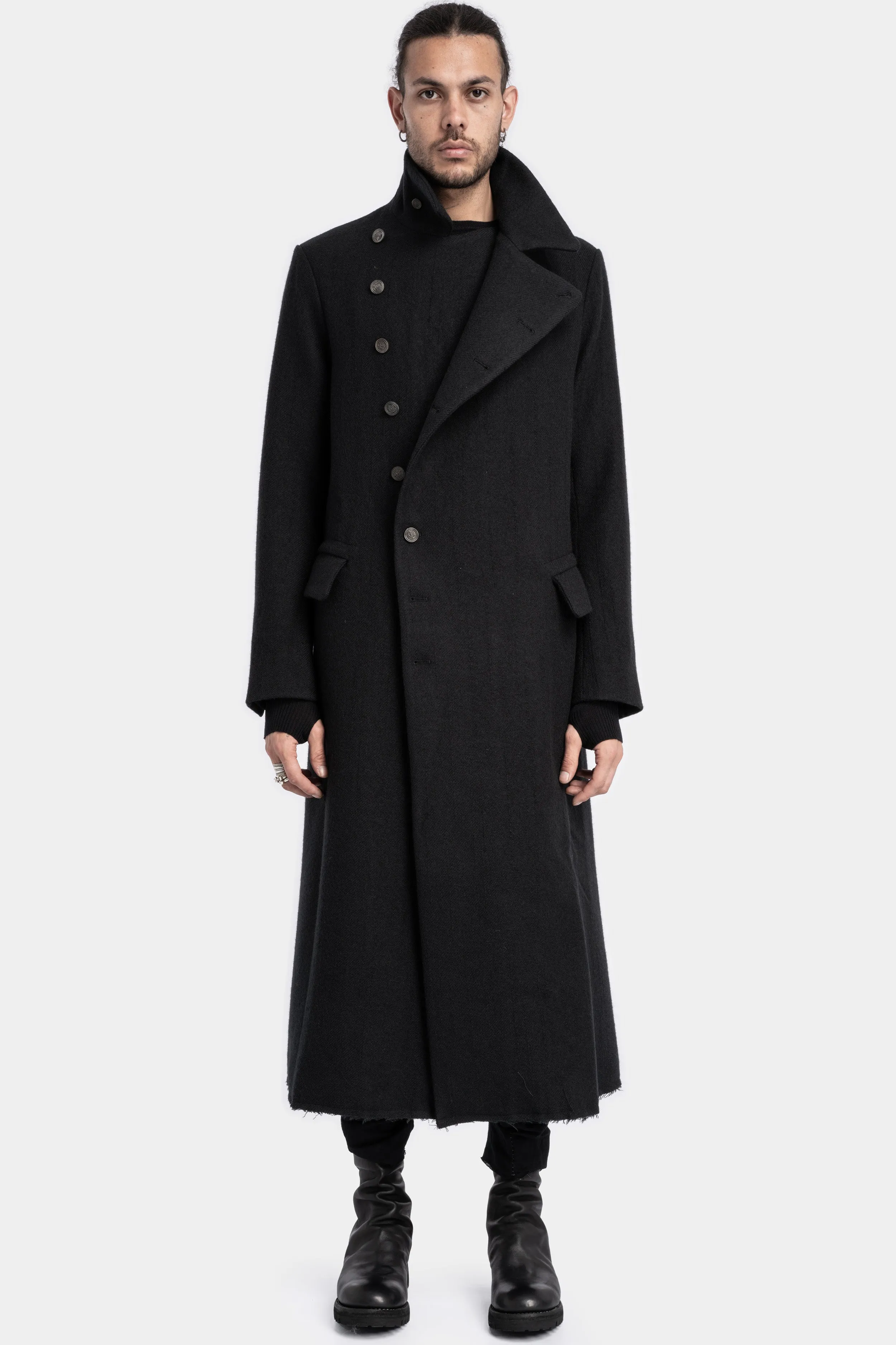 Asymmetrical buttoned high neck wool coat