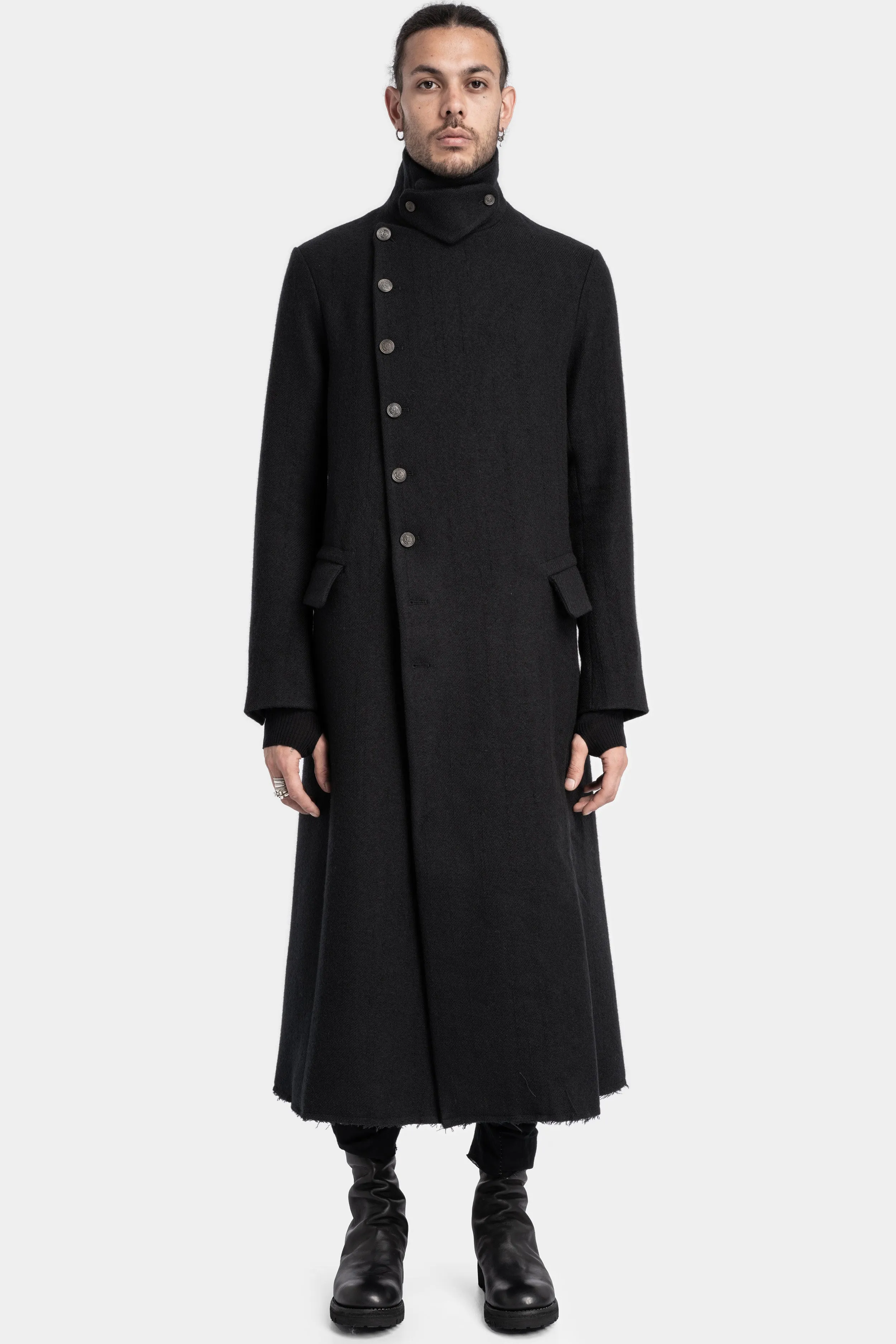 Asymmetrical buttoned high neck wool coat