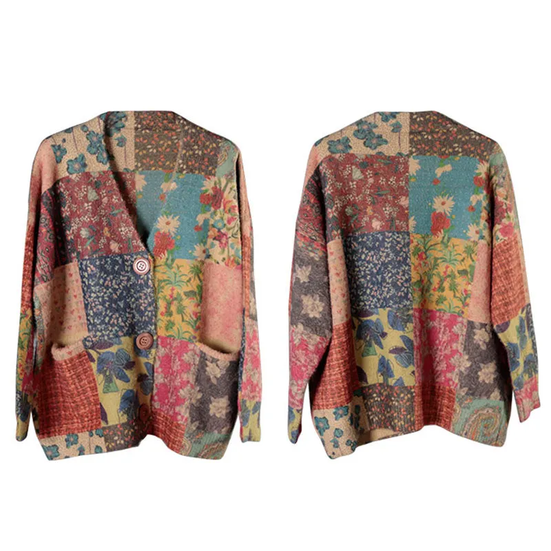 Autumn Colorful Flower Knitted Floral Sweater Coat