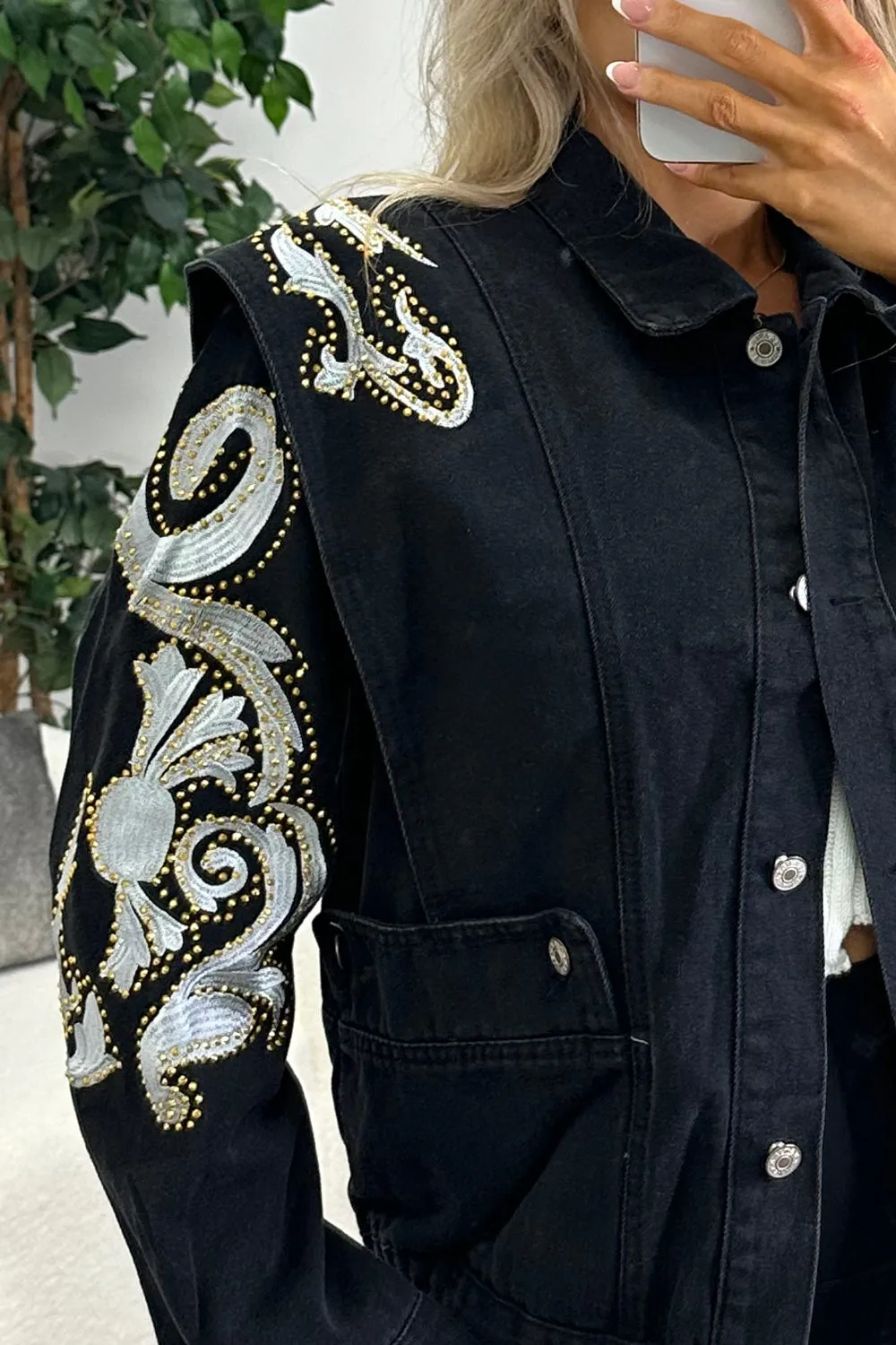 Beandra Black Studded Embellished Denim Jacket