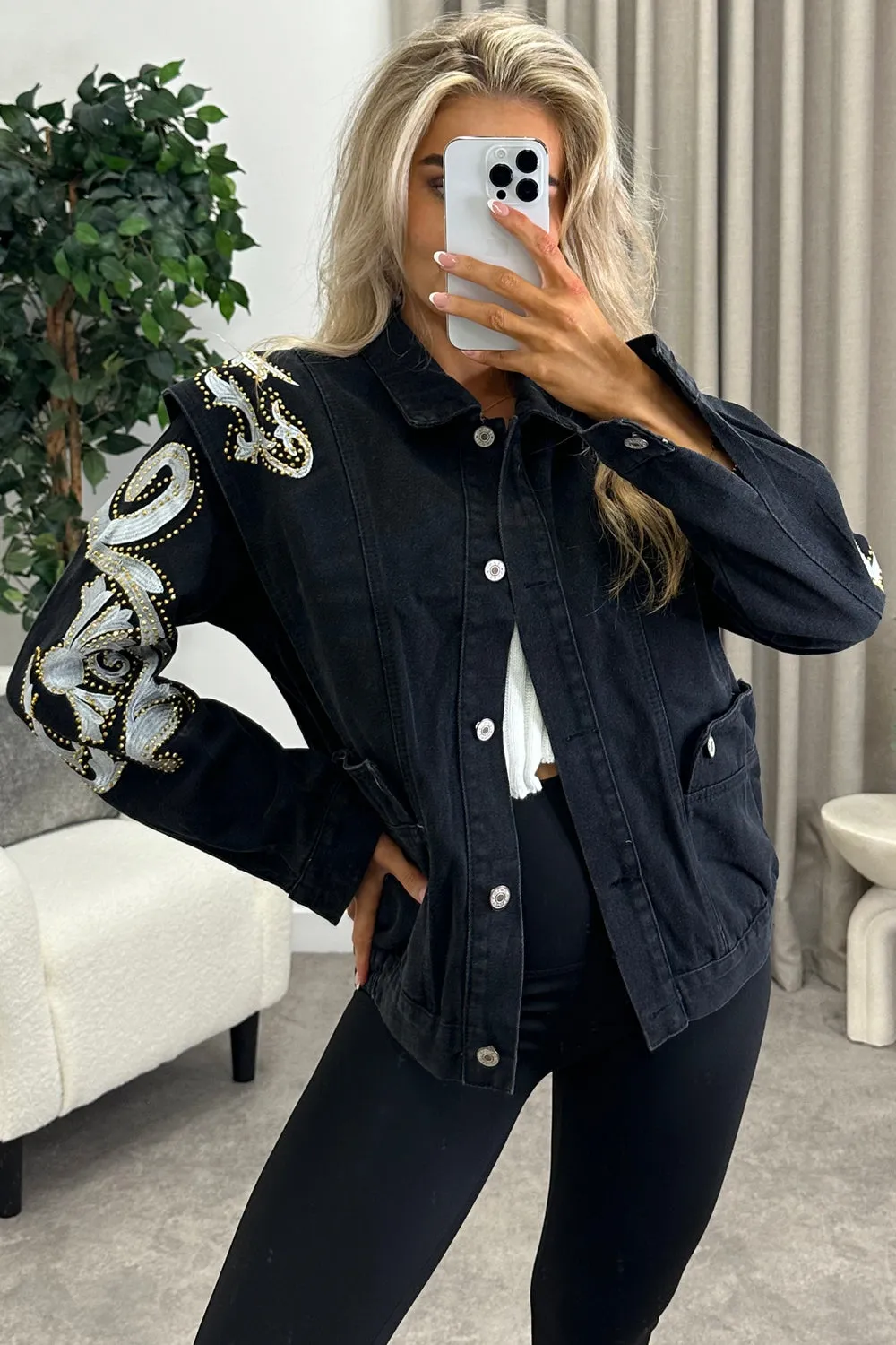 Beandra Black Studded Embellished Denim Jacket