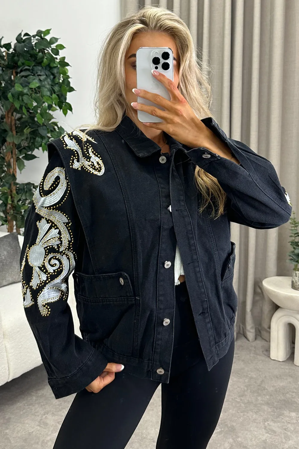 Beandra Black Studded Embellished Denim Jacket