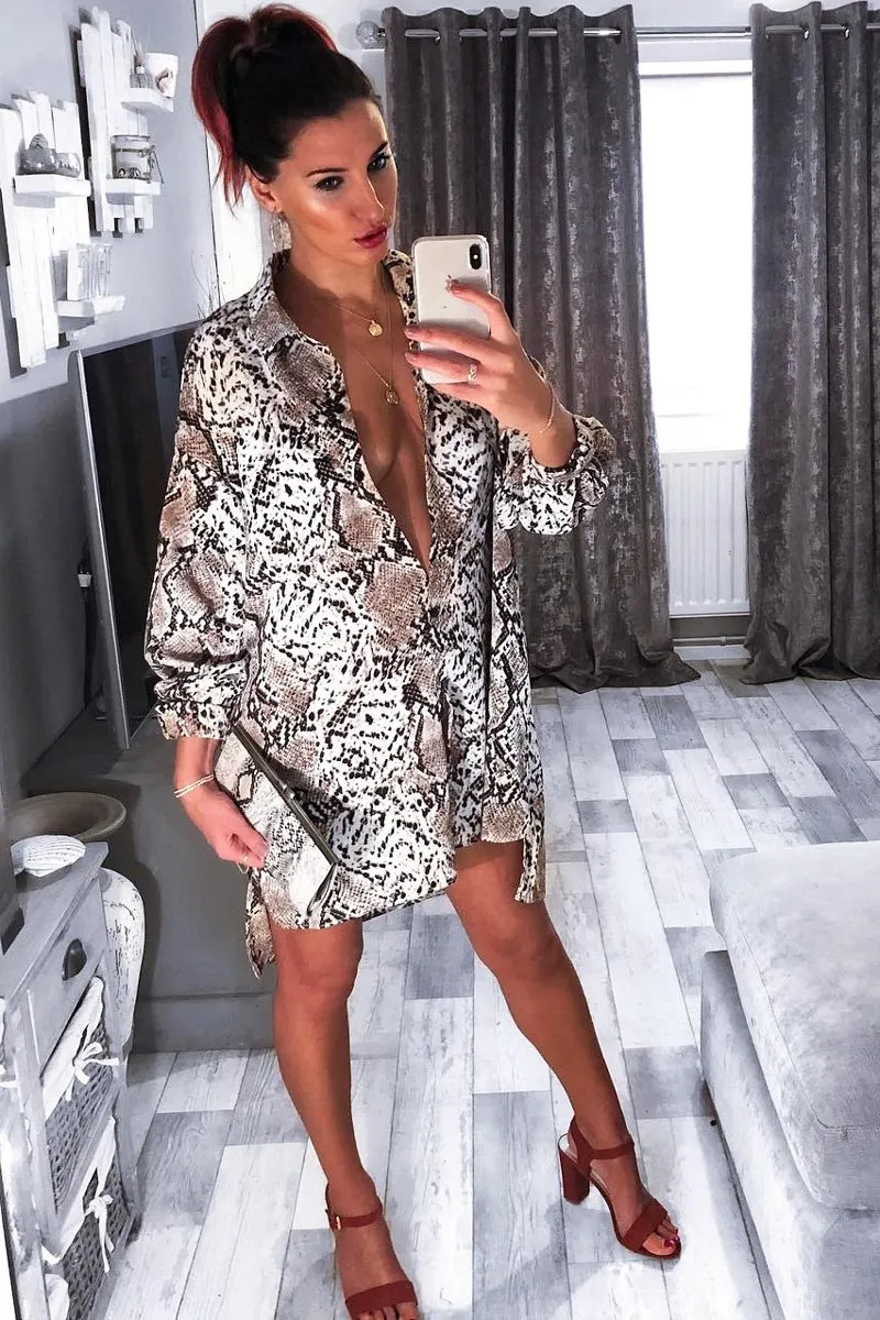 Beige Snake Print Shirt Dress - Haigen