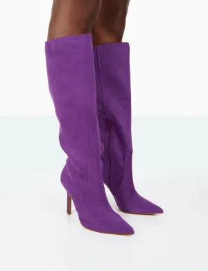 Best Believe Purple Faux Suede Pointed Toe Stiletto Heeled Knee High Boots