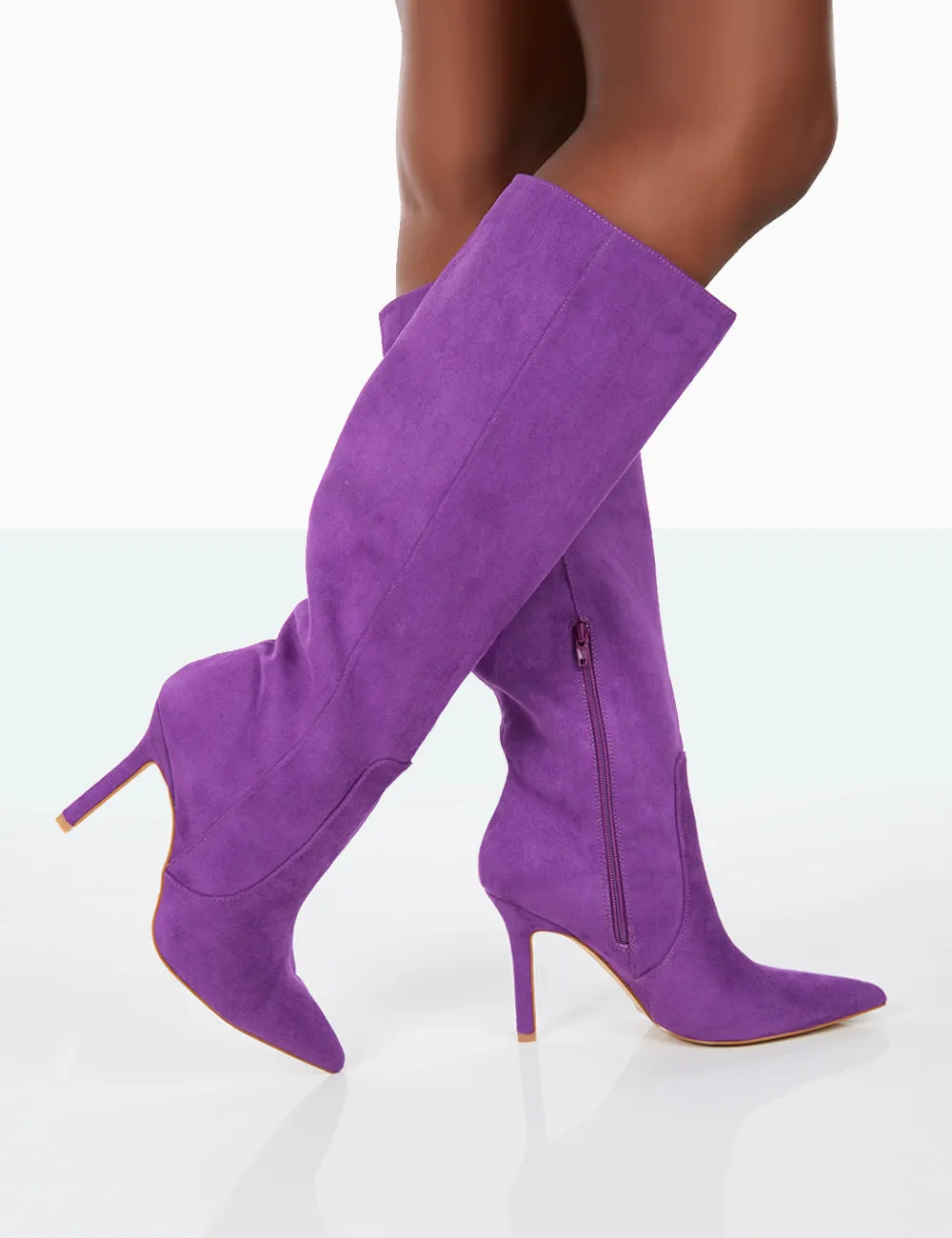 Best Believe Purple Faux Suede Pointed Toe Stiletto Heeled Knee High Boots