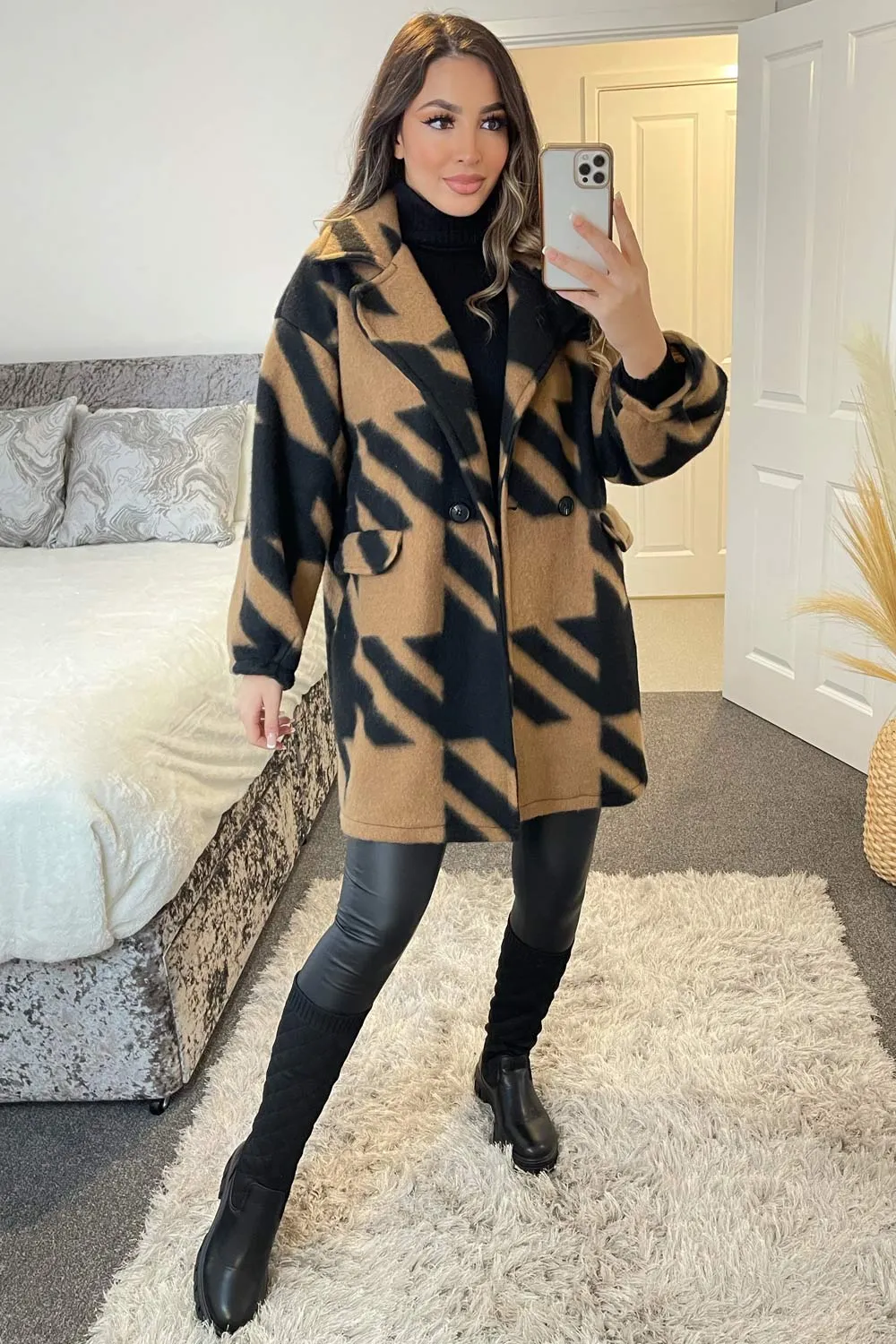 Black and Camel Dogtooth Knitted Coat