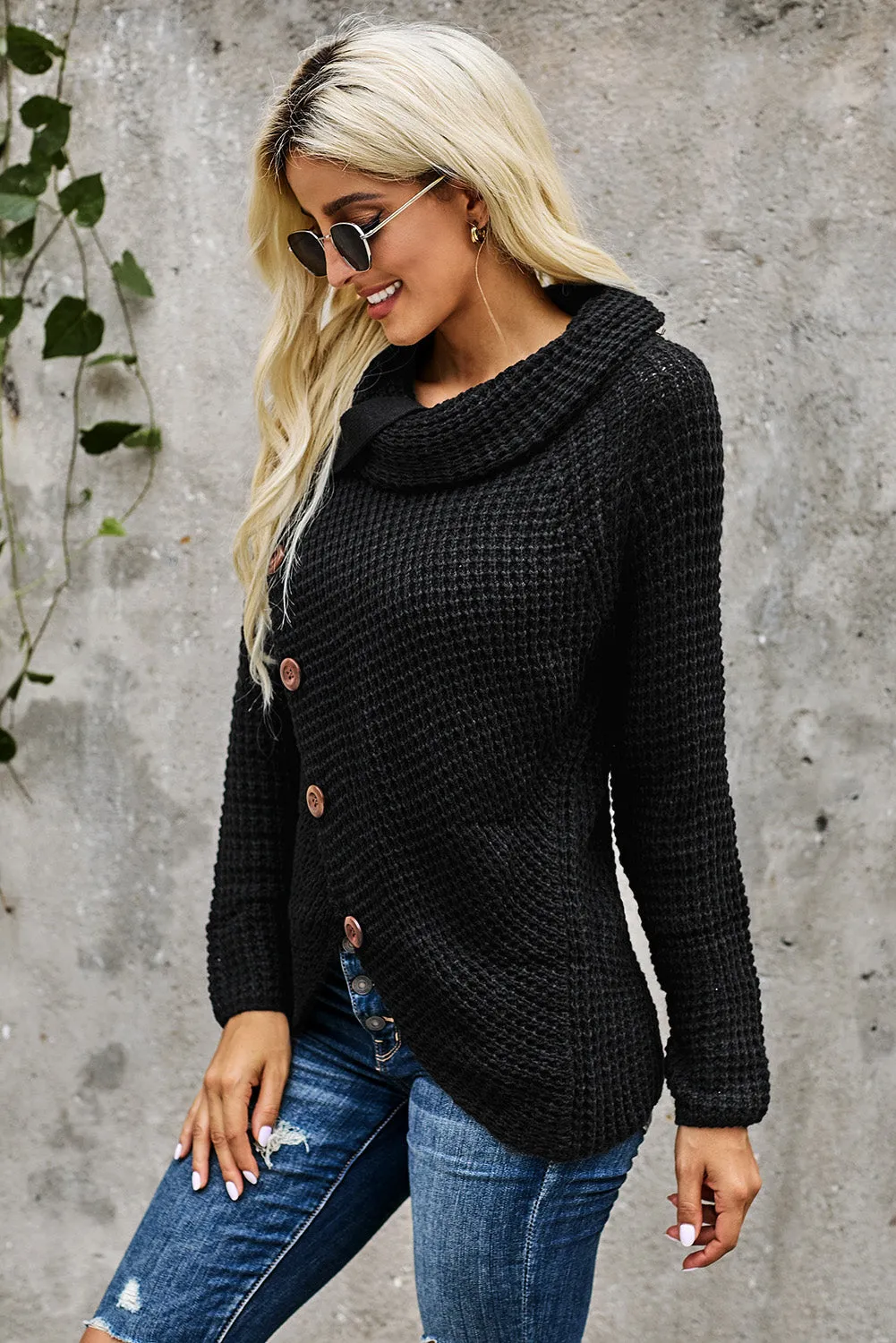 Black Buttoned Wrap Turtleneck Sweater