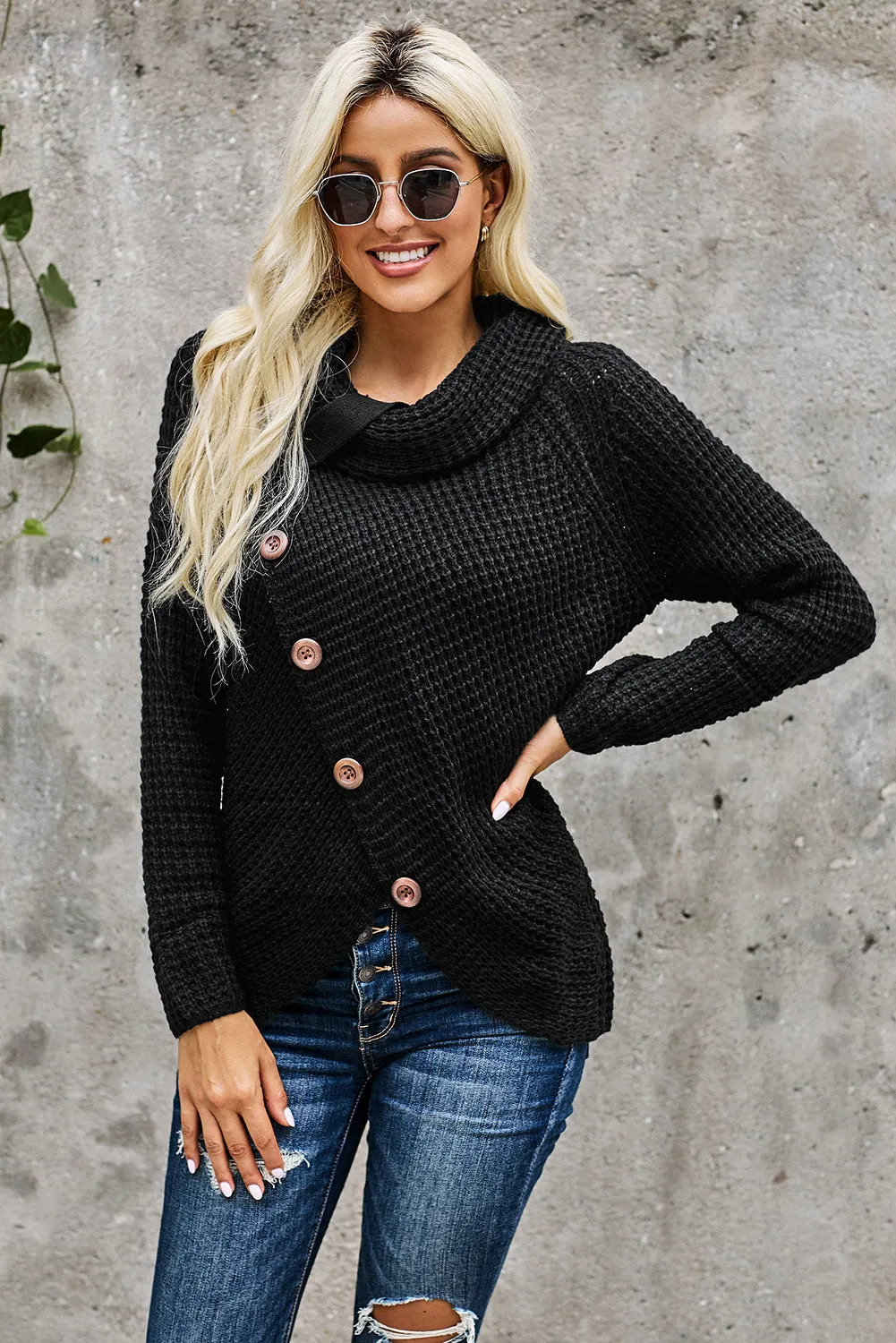 Black Buttoned Wrap Turtleneck Sweater