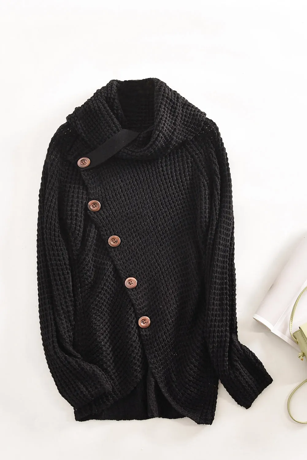 Black Buttoned Wrap Turtleneck Sweater