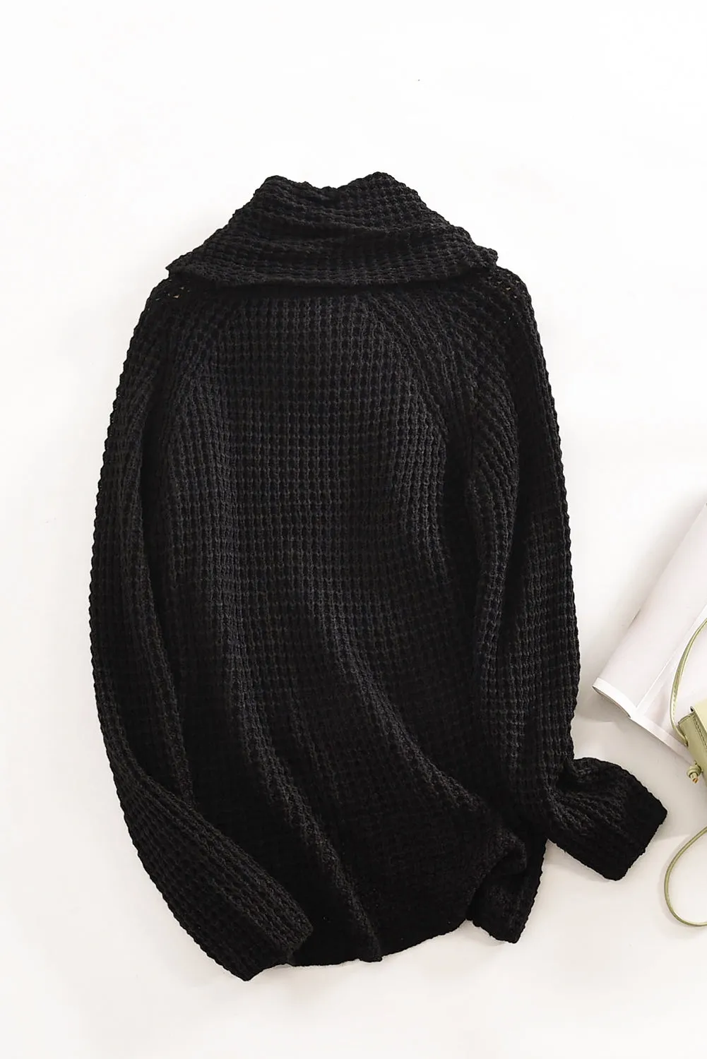 Black Buttoned Wrap Turtleneck Sweater