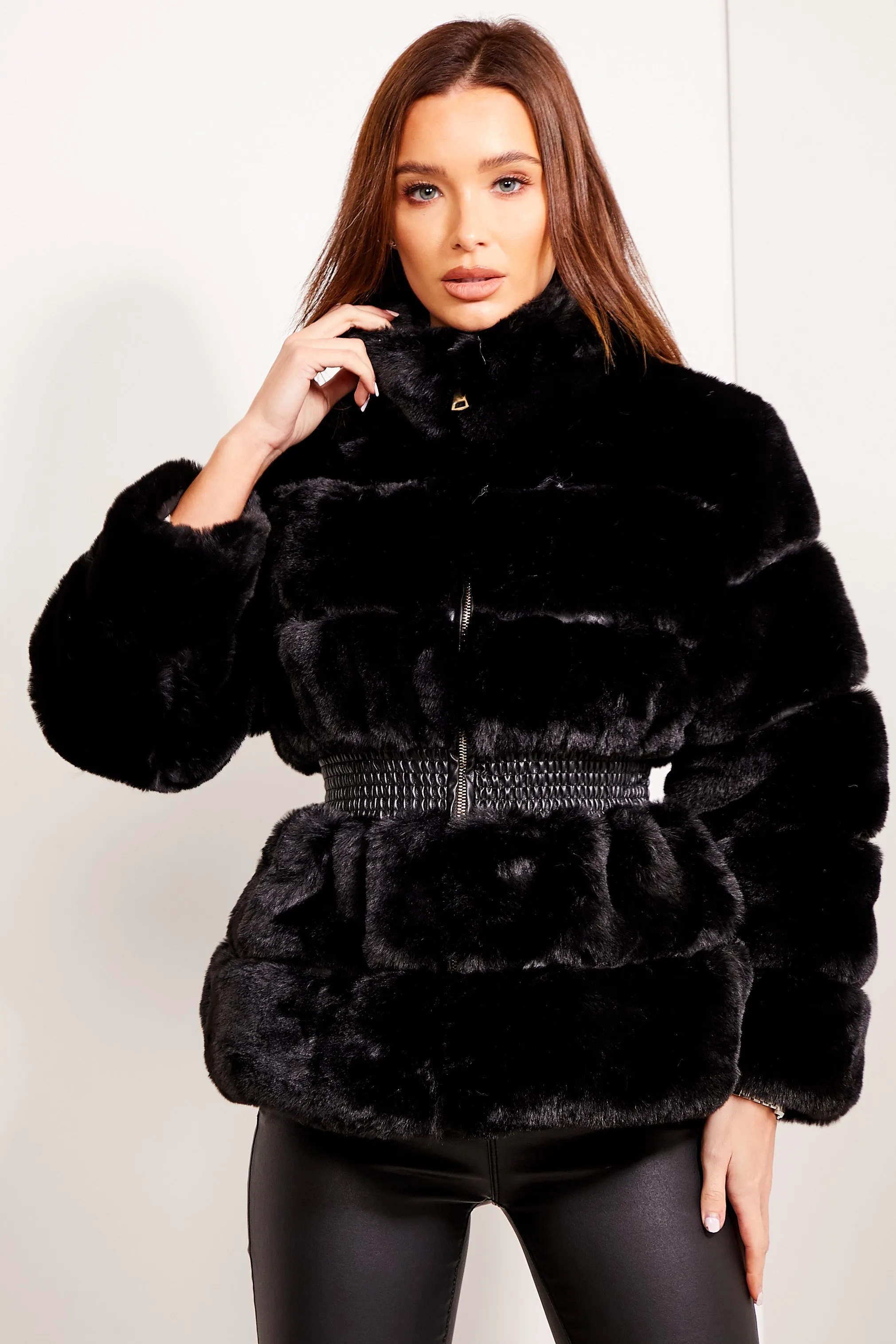 Black Faux Fur Shirred Waist Panelled Coat