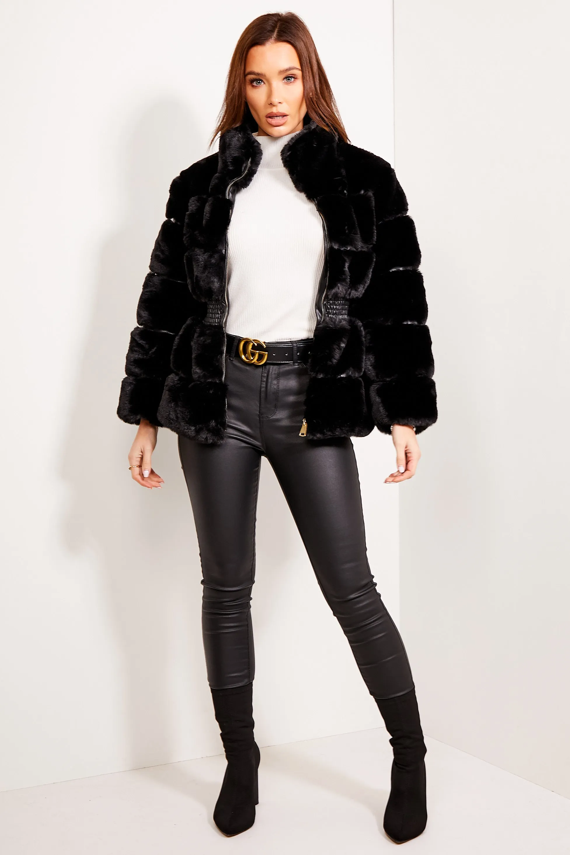 Black Faux Fur Shirred Waist Panelled Coat