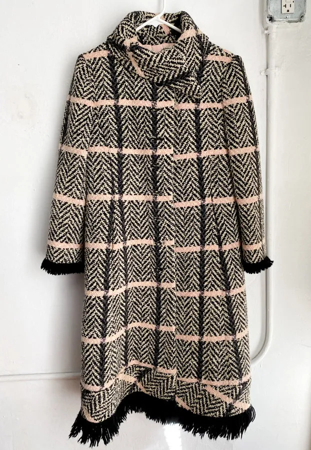 Black Pink Tweed Plaid Fringe Trapeze Coat