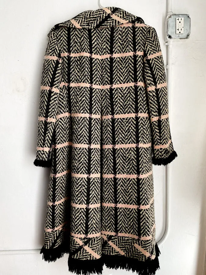 Black Pink Tweed Plaid Fringe Trapeze Coat