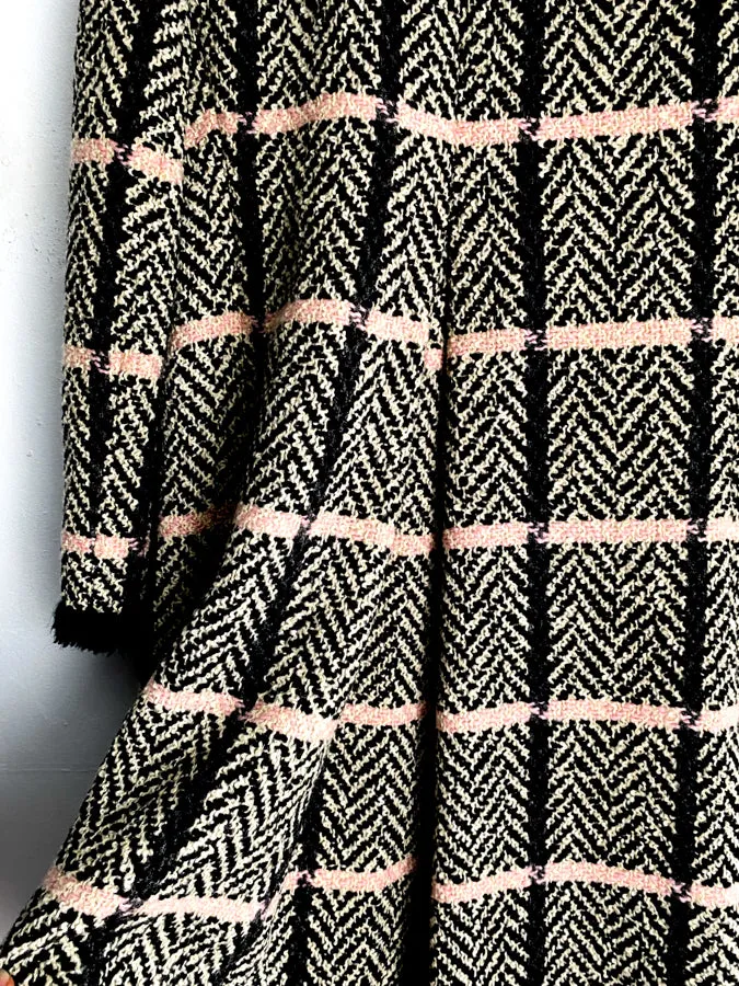 Black Pink Tweed Plaid Fringe Trapeze Coat