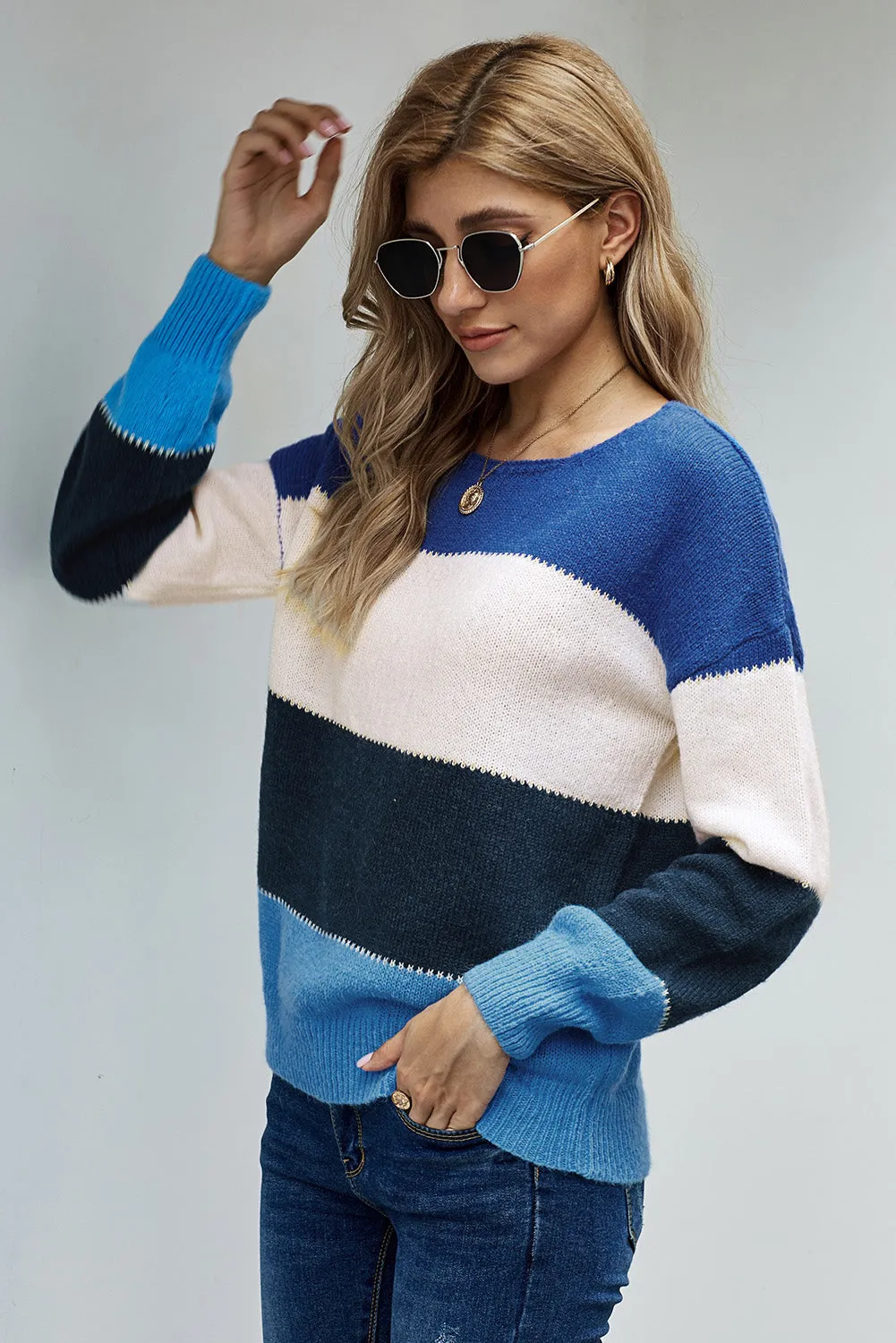 Blue Pullover Colorblock Winter Sweater