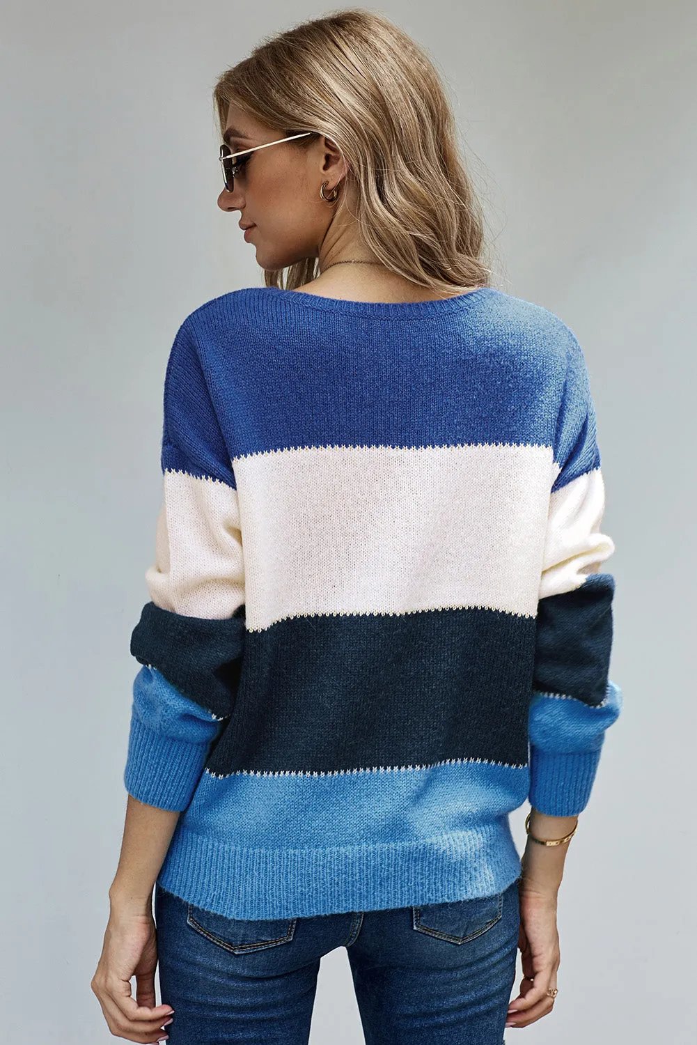 Blue Pullover Colorblock Winter Sweater