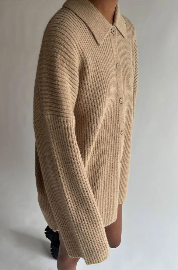 COLLARED RIB-KNIT CARDIGAN