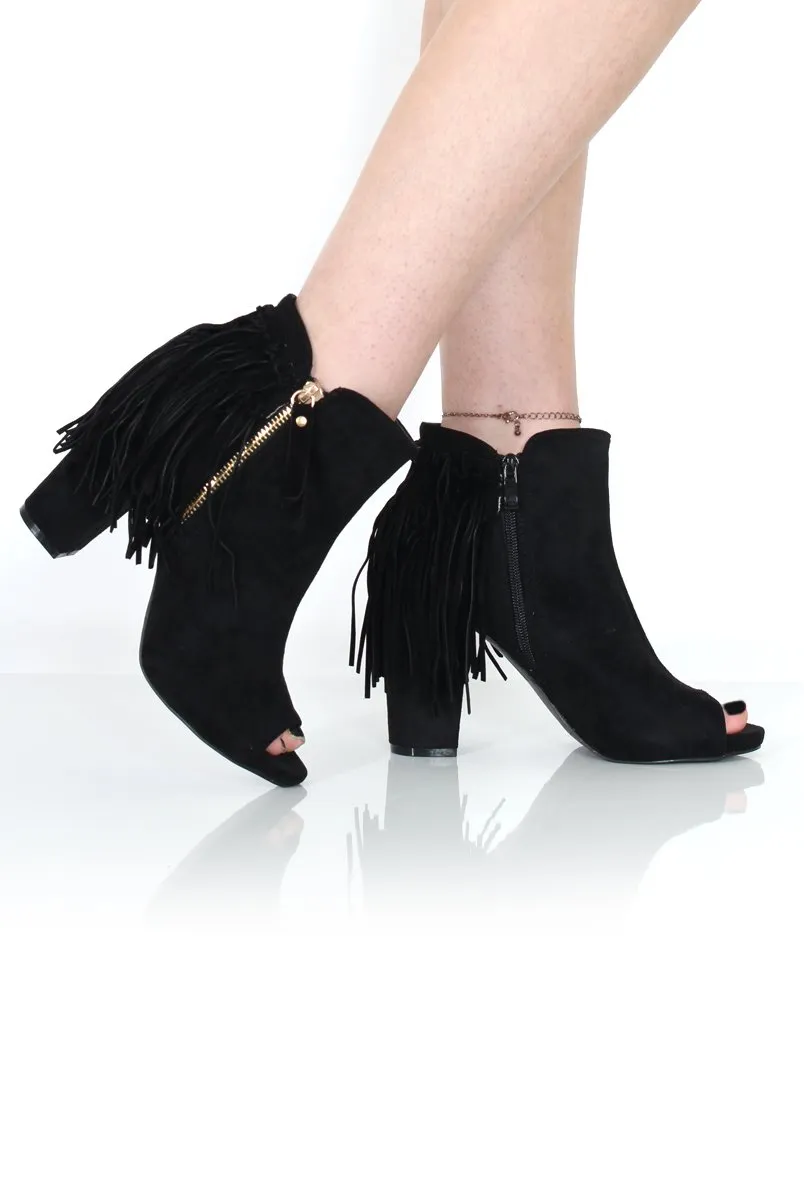 Donna Black Suede Tassel Peep Toe Boots