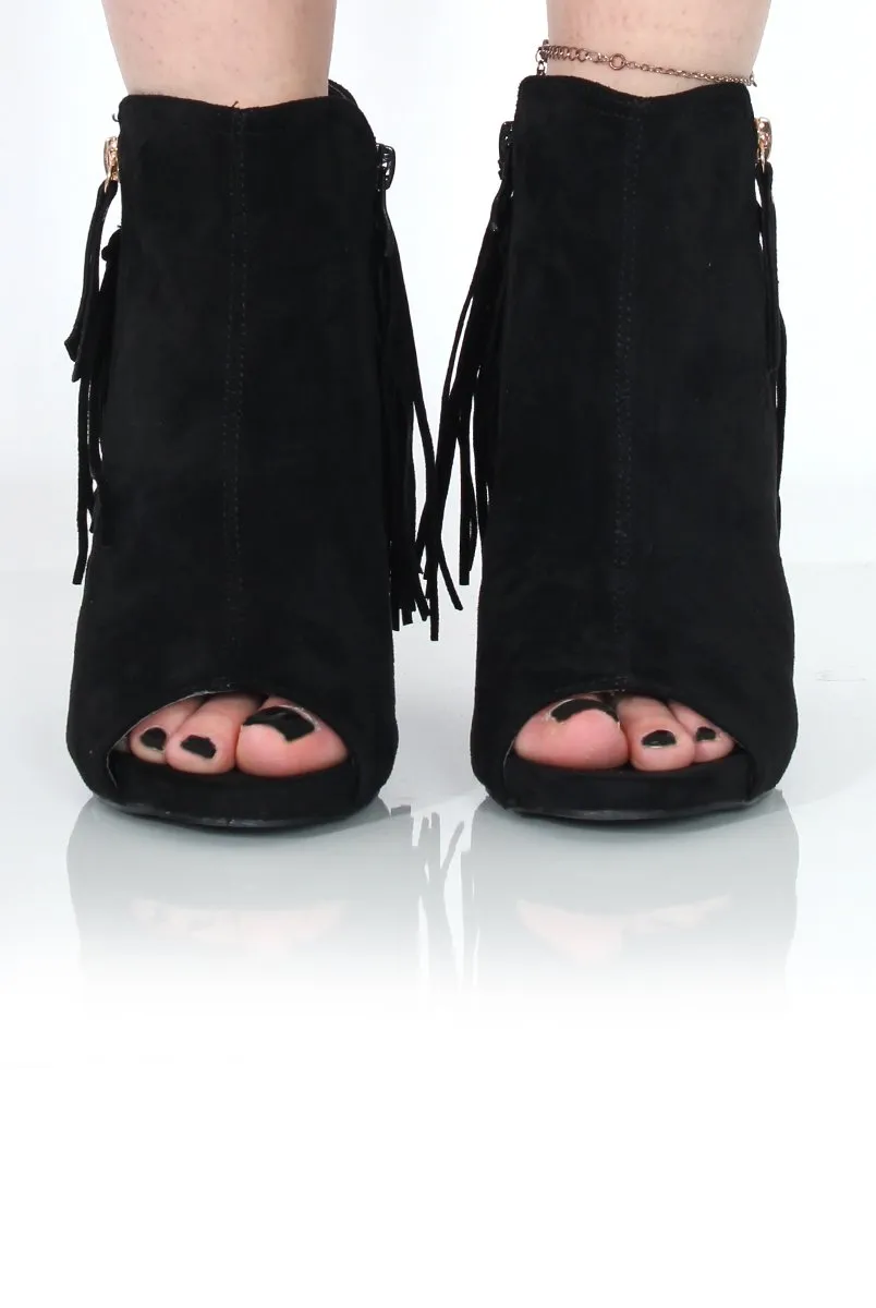 Donna Black Suede Tassel Peep Toe Boots