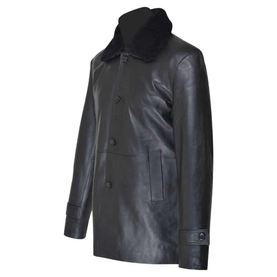 Eric's black leather car coat with fur collar