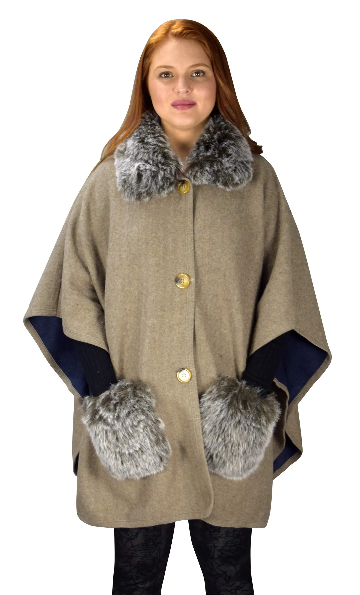 Faux Fur Large Pockets Relaxed Fit Pullover Warm Cover Up Poncho