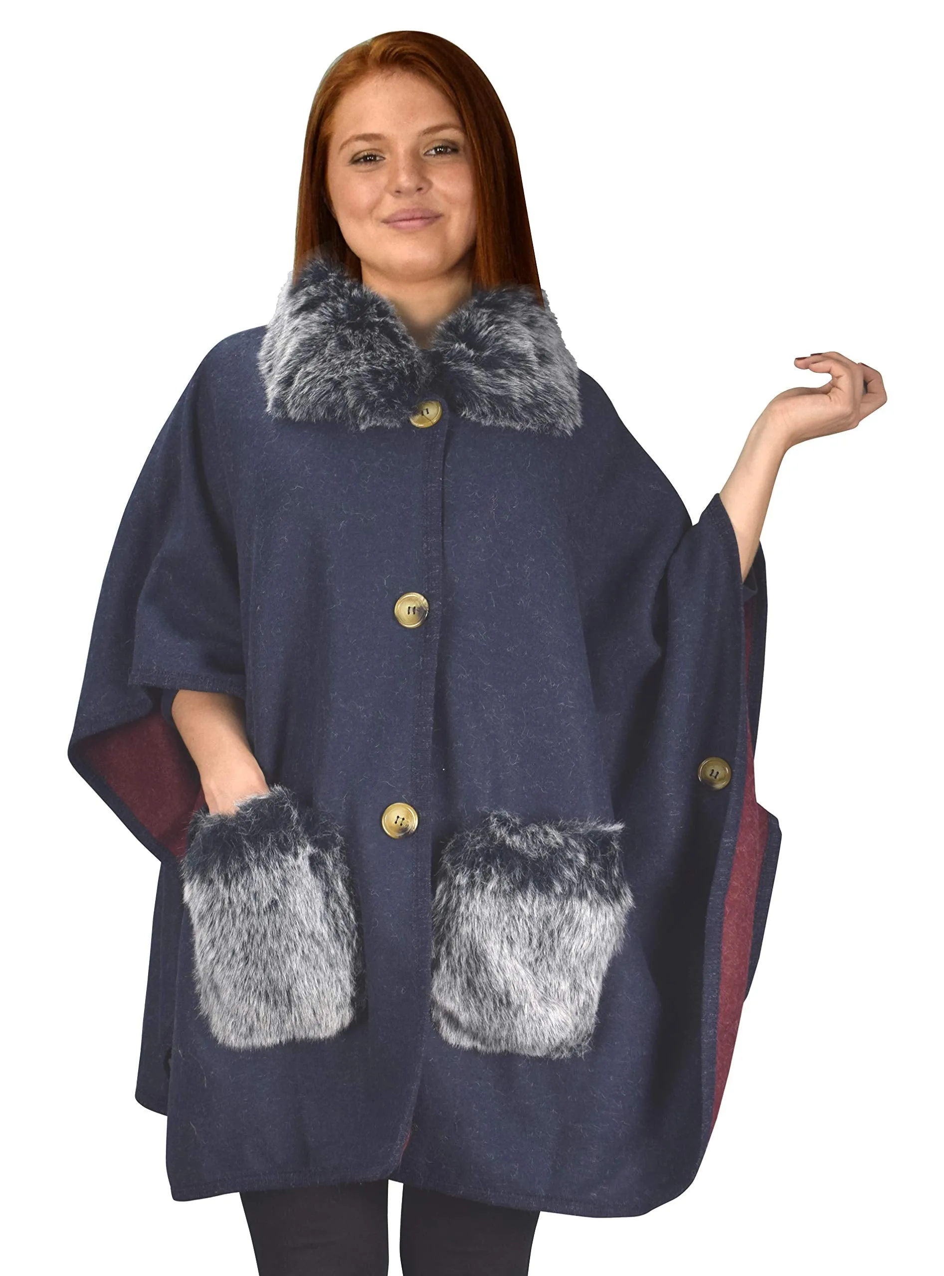 Faux Fur Large Pockets Relaxed Fit Pullover Warm Cover Up Poncho