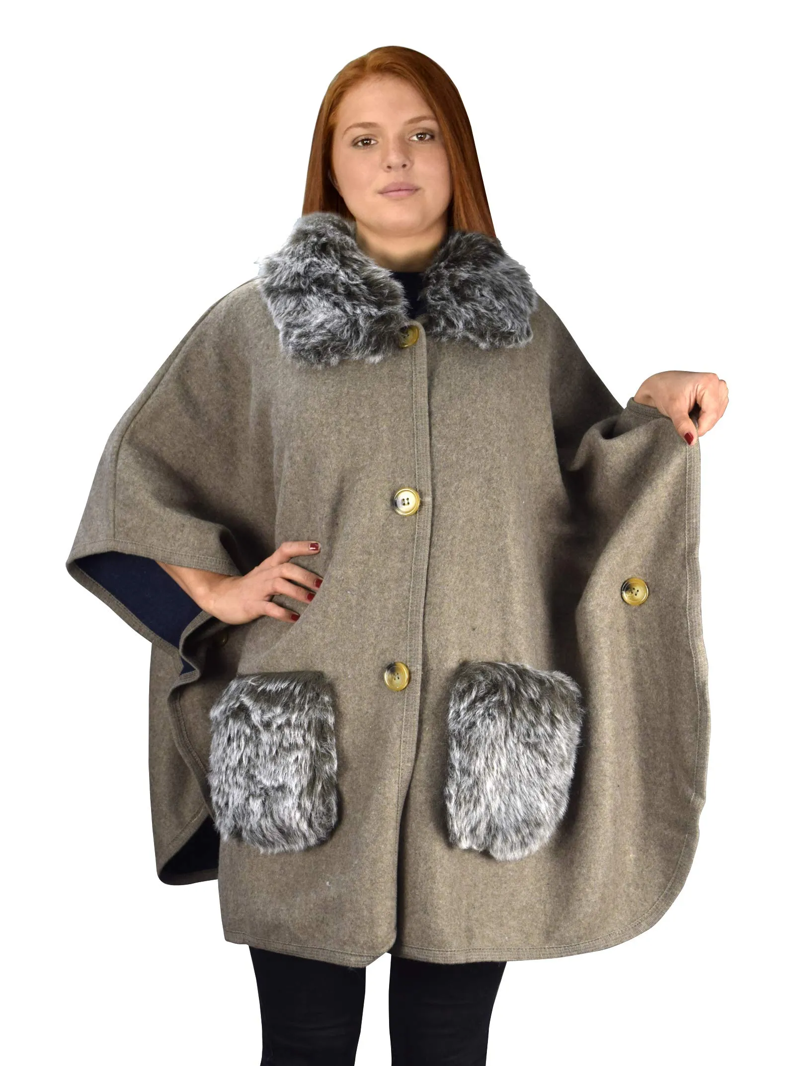 Faux Fur Large Pockets Relaxed Fit Pullover Warm Cover Up Poncho