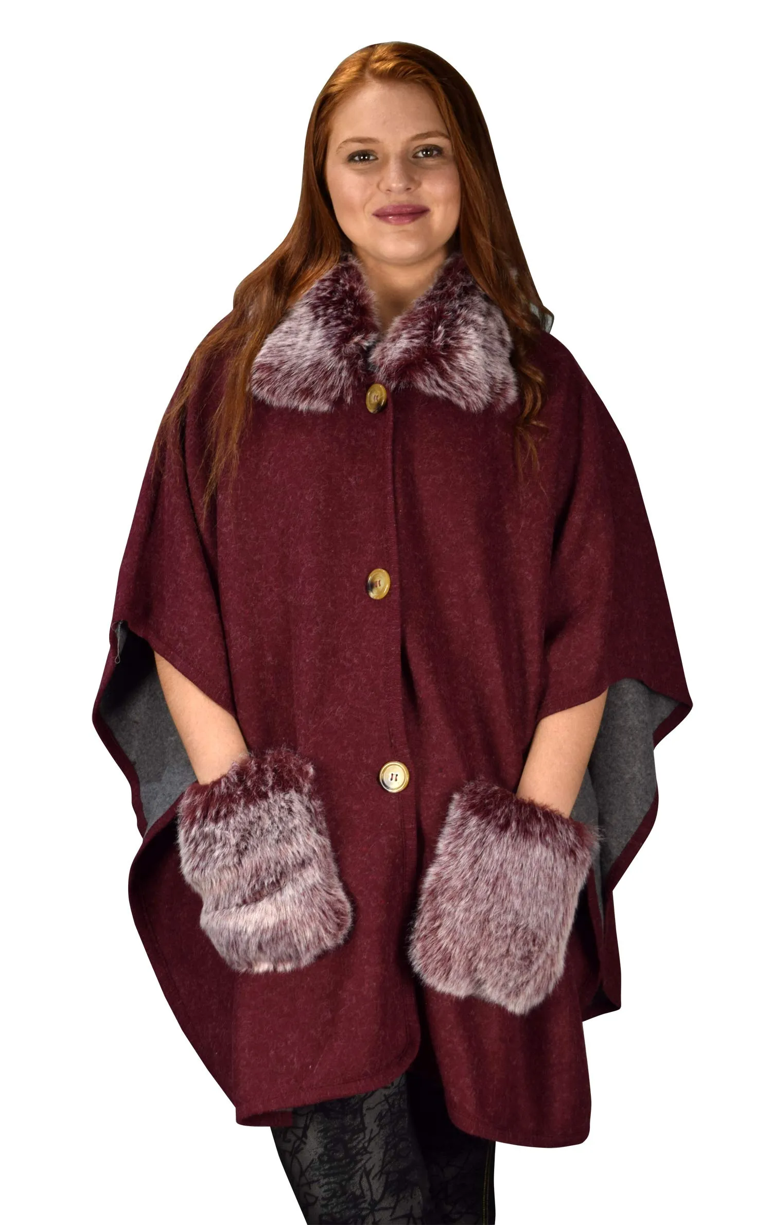 Faux Fur Large Pockets Relaxed Fit Pullover Warm Cover Up Poncho