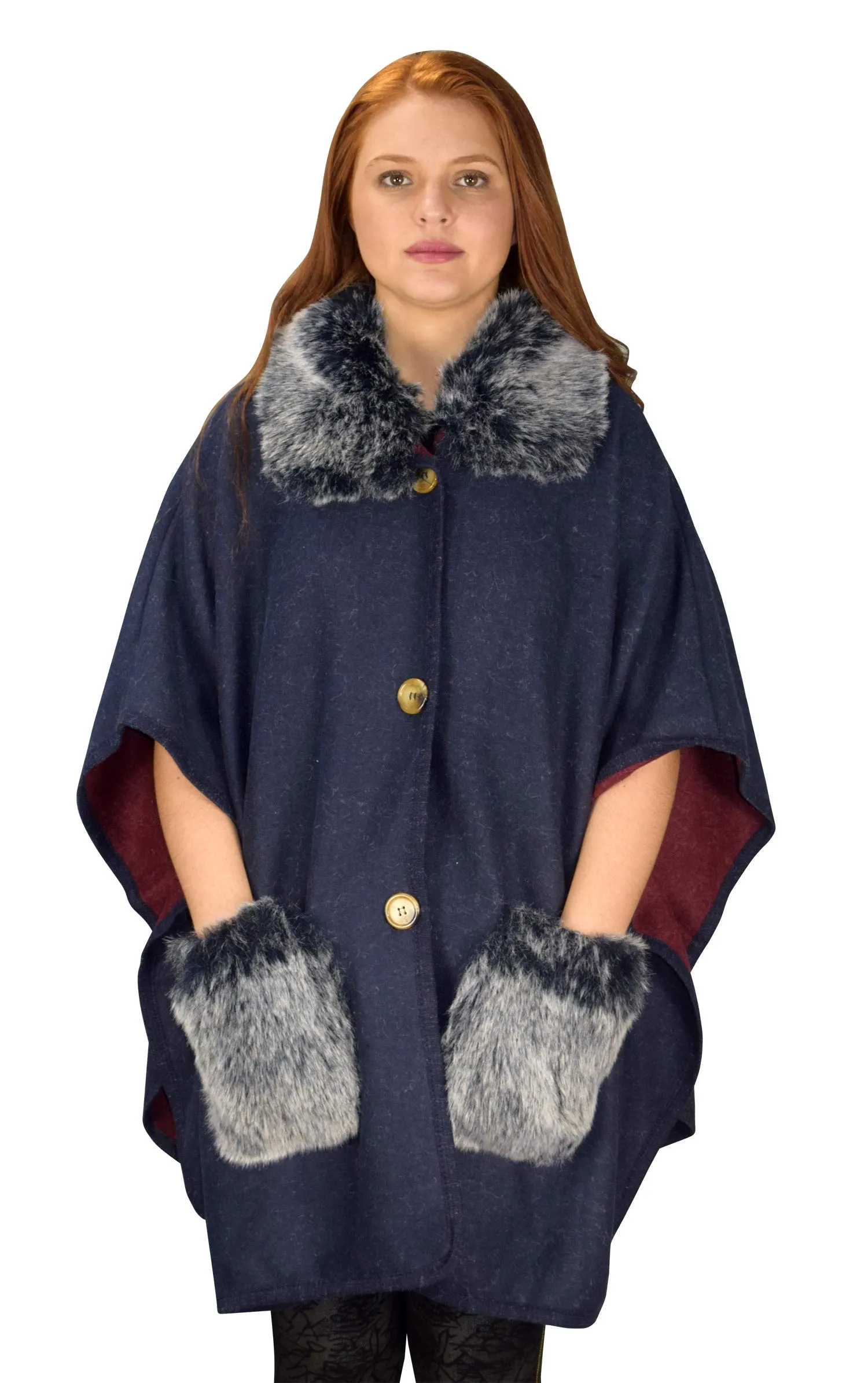 Faux Fur Large Pockets Relaxed Fit Pullover Warm Cover Up Poncho