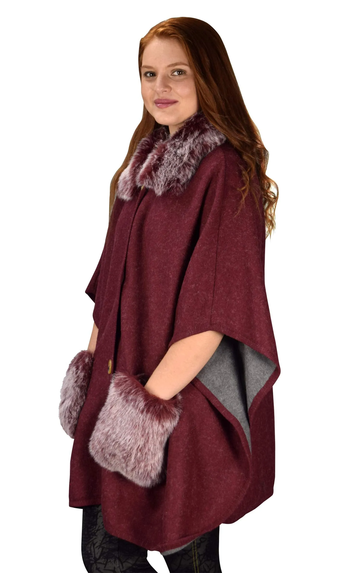 Faux Fur Large Pockets Relaxed Fit Pullover Warm Cover Up Poncho