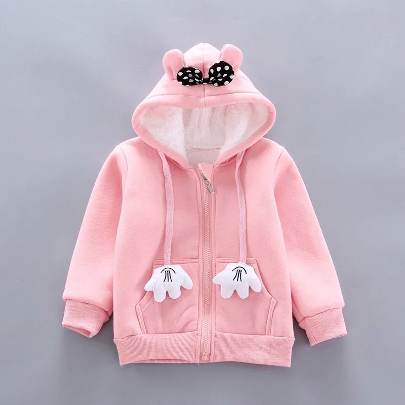 Girls Fluffy Warm Polka Dot Bow Hooded 2 Pcs Set