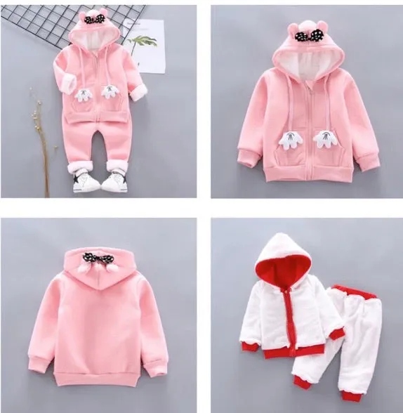 Girls Fluffy Warm Polka Dot Bow Hooded 2 Pcs Set