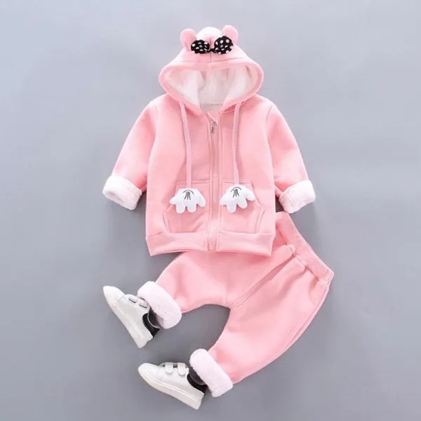 Girls Fluffy Warm Polka Dot Bow Hooded 2 Pcs Set