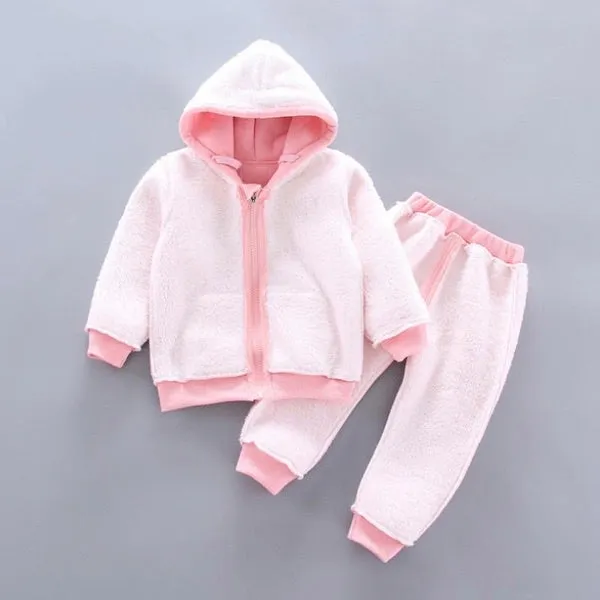 Girls Fluffy Warm Polka Dot Bow Hooded 2 Pcs Set