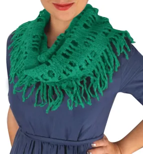 Green Winter Knitted Rectangular Pattern Long Fringe Warm Infinity Loop Scarf