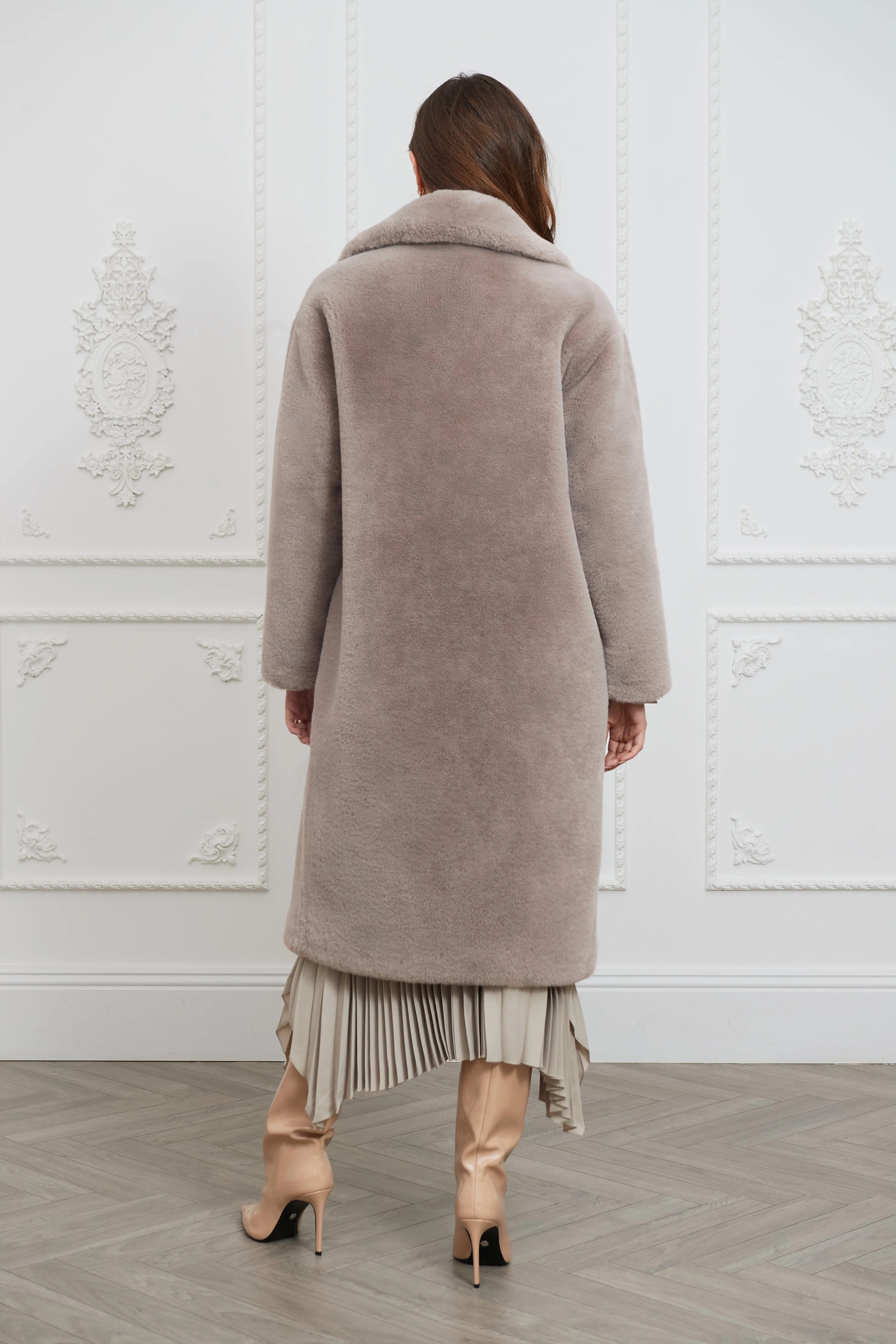 Greta Luxe Longline Recycled Vegan Fur Coat | Mink Grey