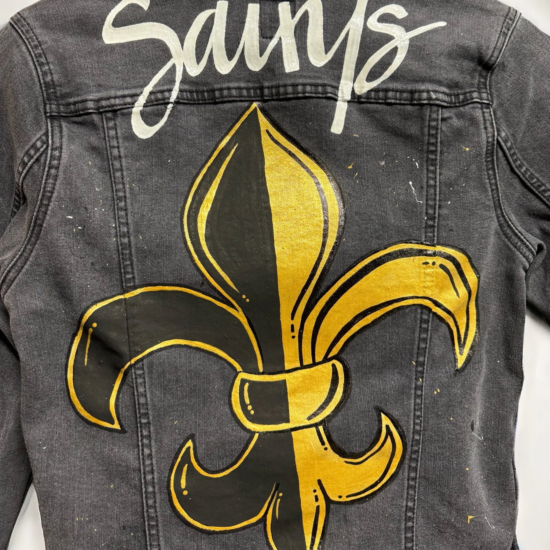 Hand Painted Jean Jacket:”Saints”, New Orleans Jacket, Hand Painted, NOLA Saints, Louisiana