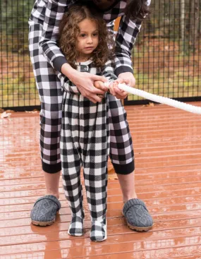 Kid's Footed Fleece Black & White Plaid Fleece Pajamas