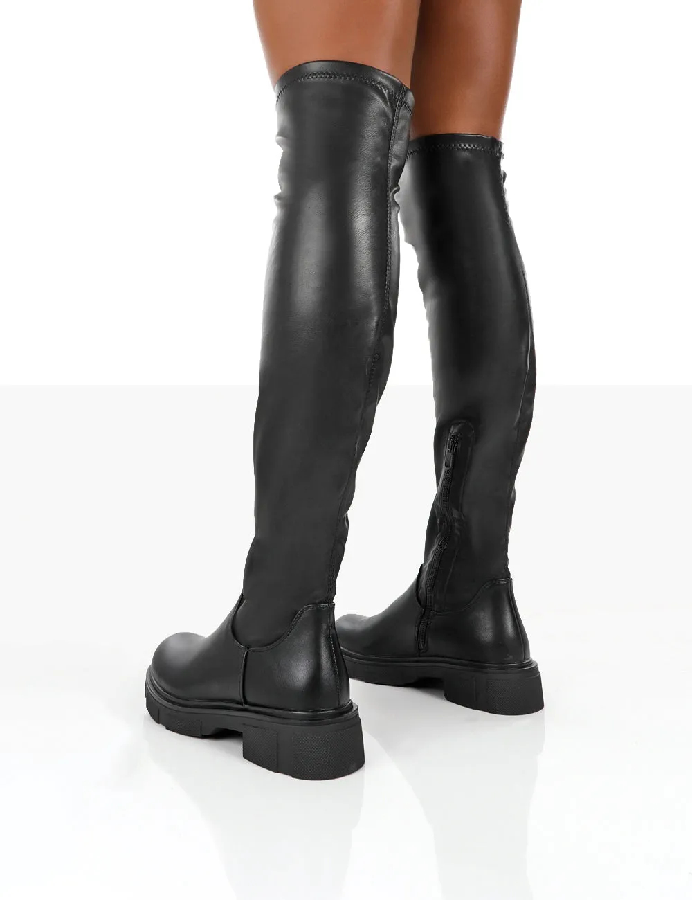 Lioness Black Pu over the Knee Chunky Sole Long Boots