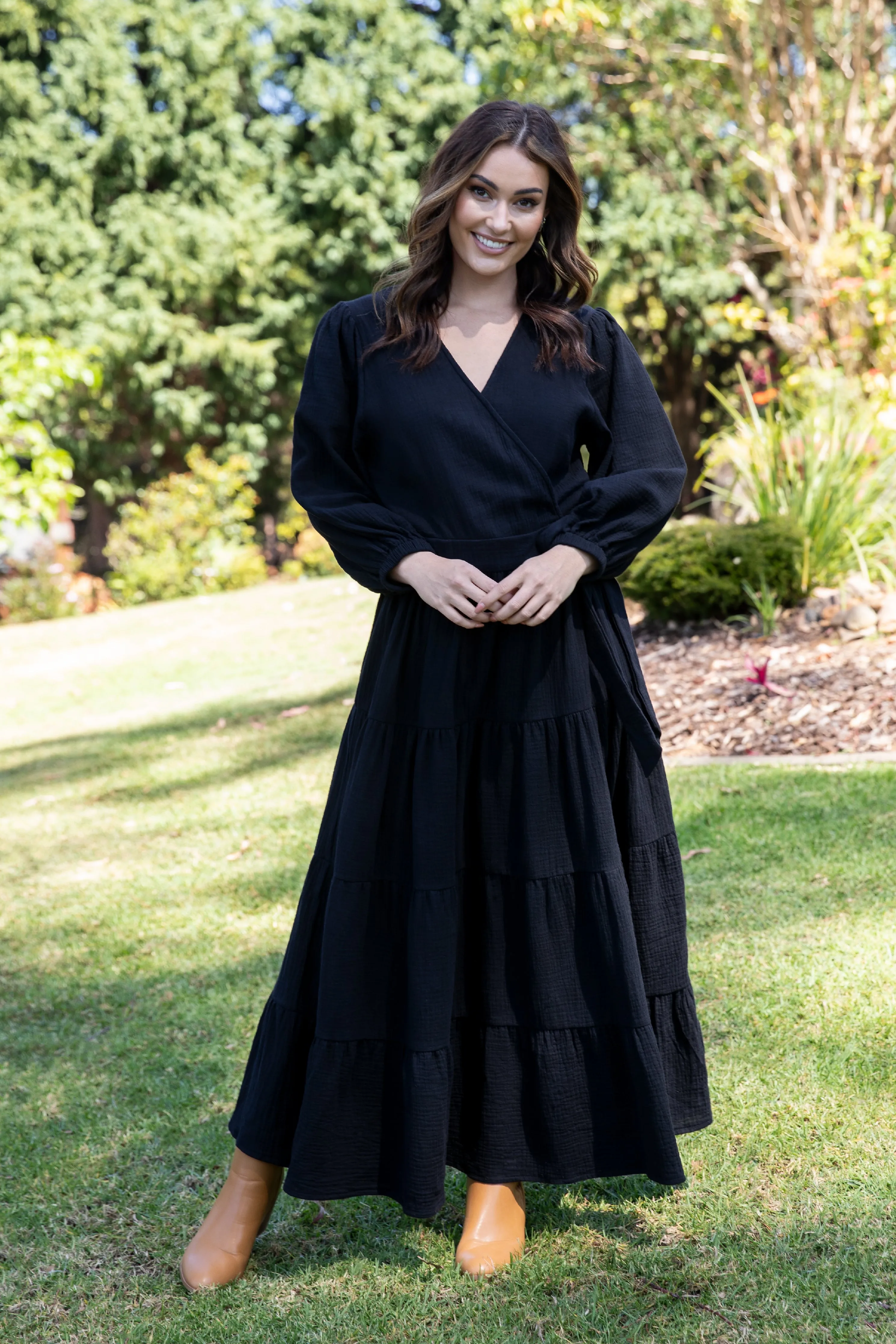 Long Sleeve Ruffle Wrap Dress in Black