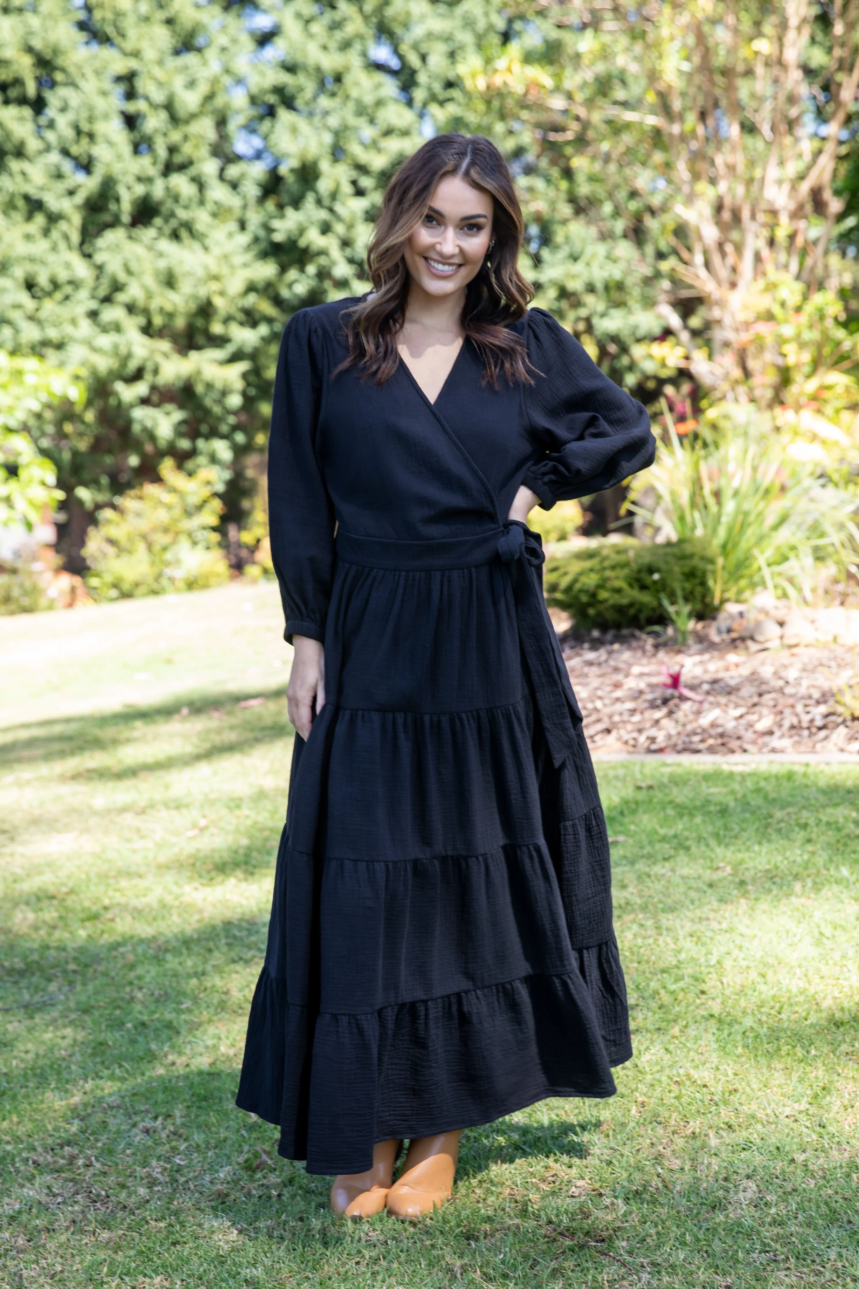 Long Sleeve Ruffle Wrap Dress in Black