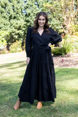 Long Sleeve Ruffle Wrap Dress in Black