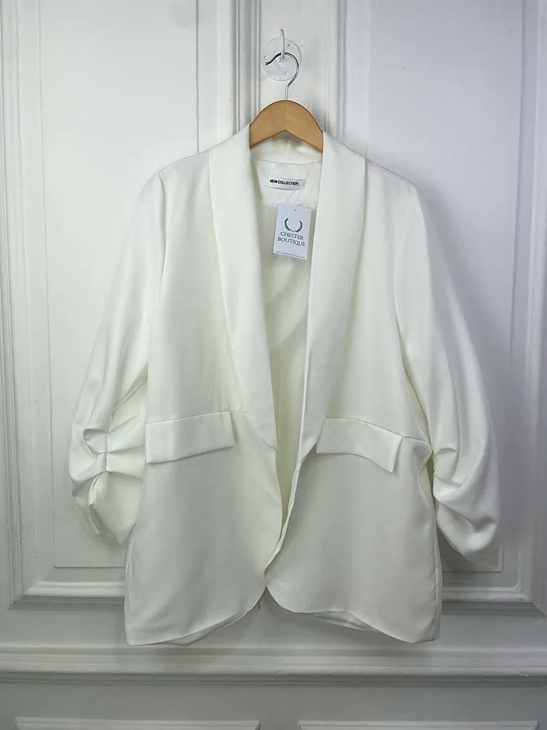 Ruched Sleeve Lined Boyfriend Blazer - Warm White