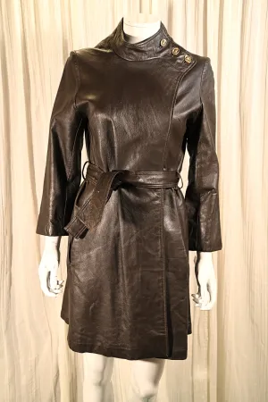 SOLD Vintage 60s Mod Brown Leather Coat, High Neckline w/Buttons XS/S