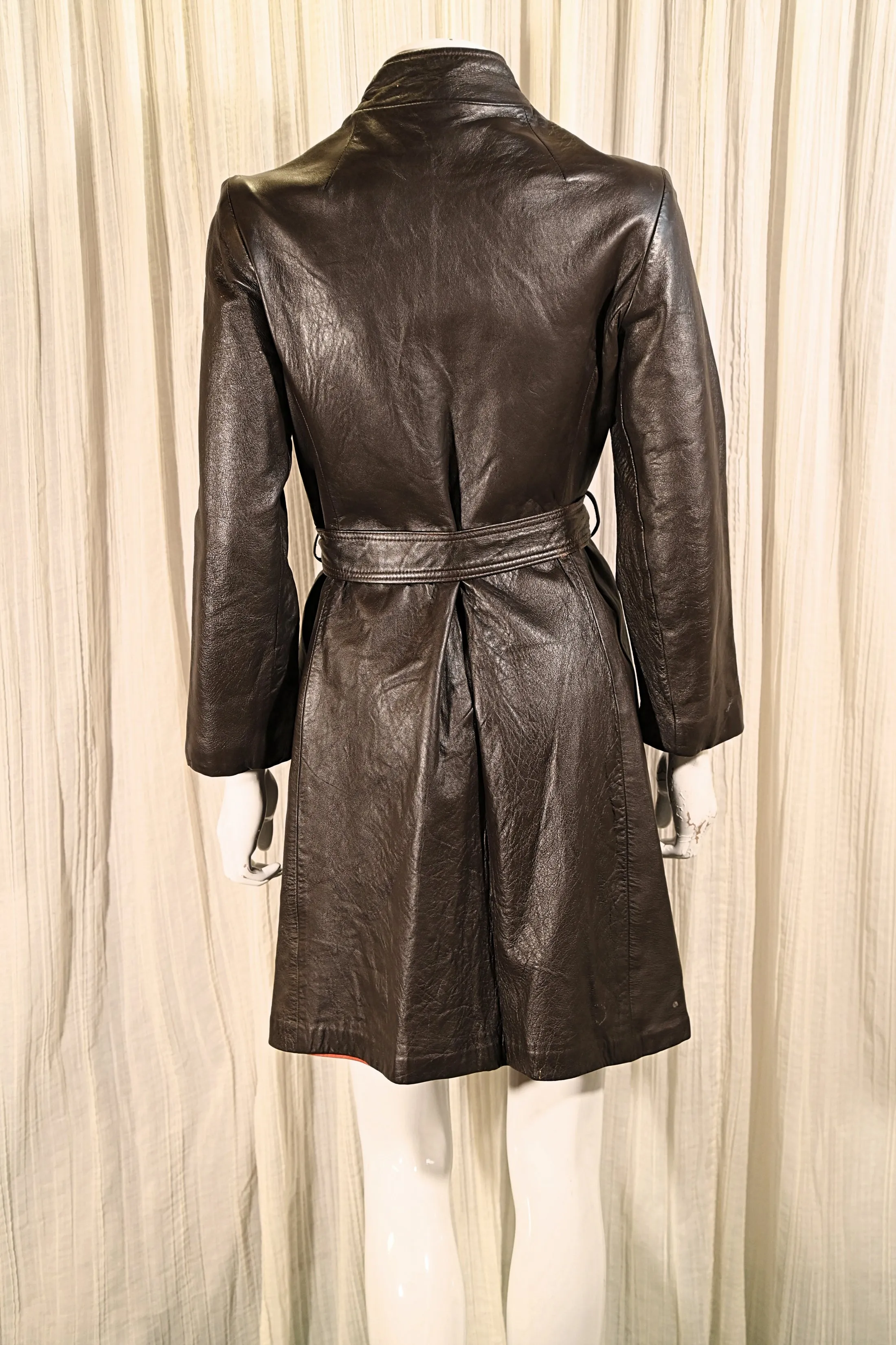 SOLD Vintage 60s Mod Brown Leather Coat, High Neckline w/Buttons XS/S