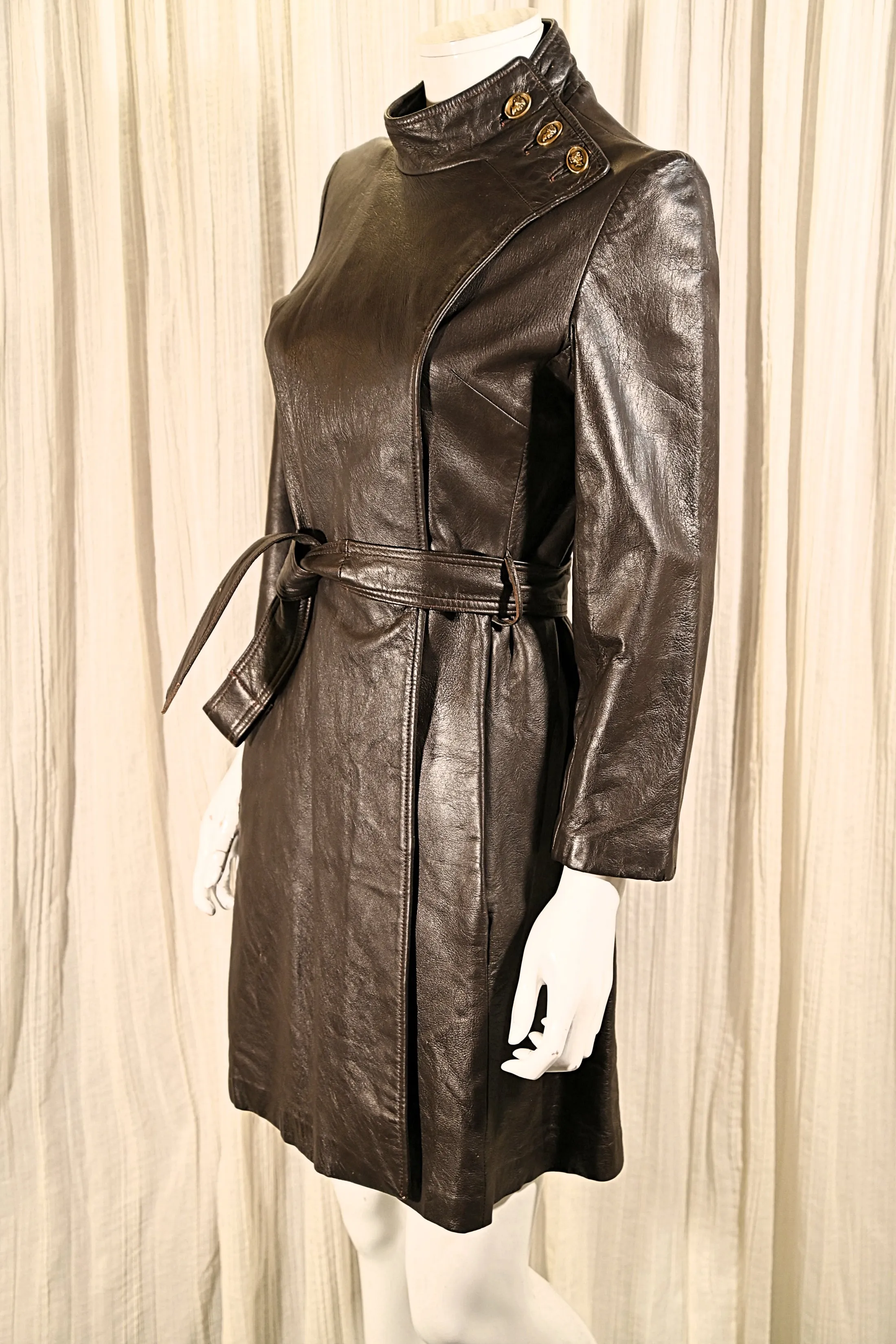 SOLD Vintage 60s Mod Brown Leather Coat, High Neckline w/Buttons XS/S