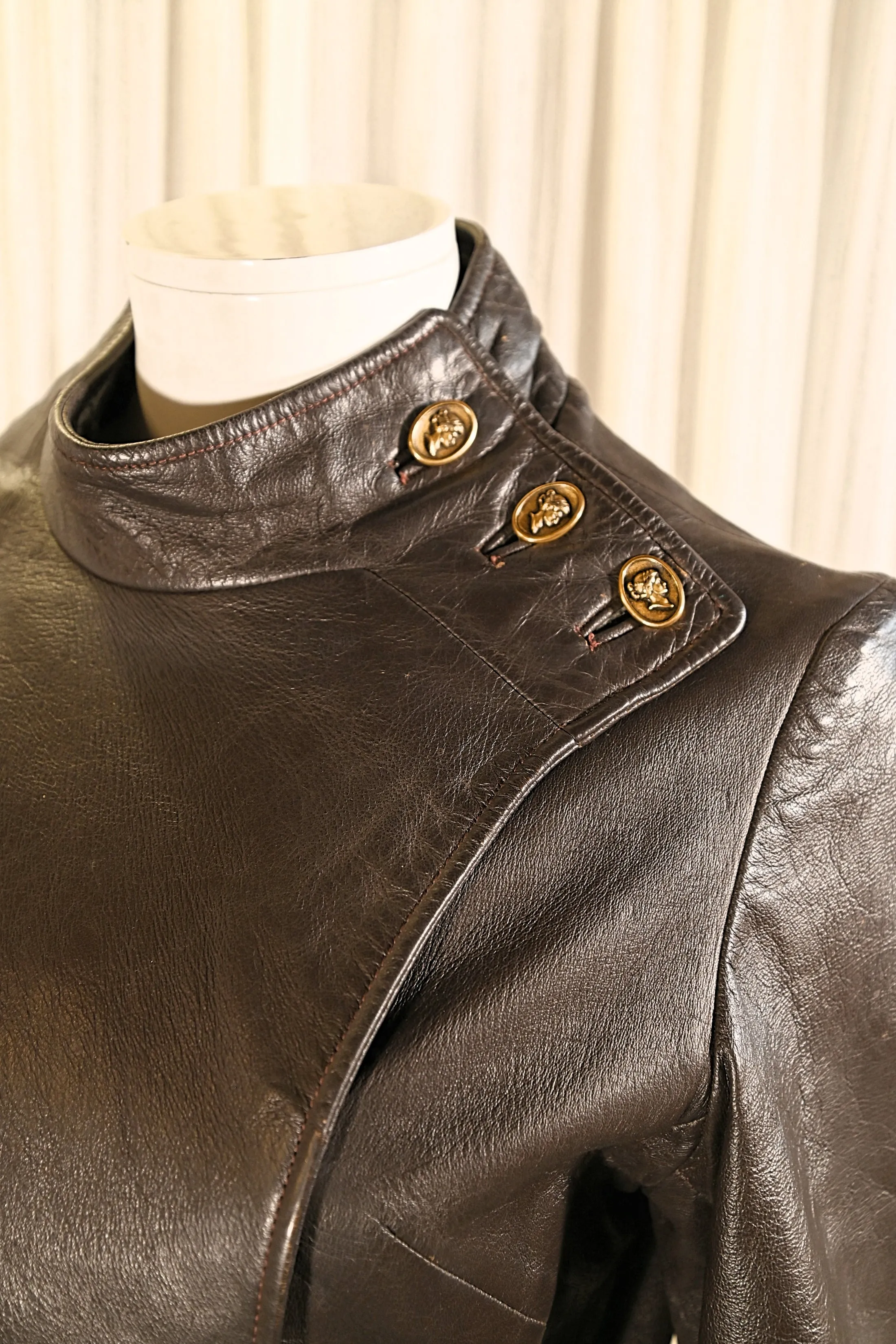 SOLD Vintage 60s Mod Brown Leather Coat, High Neckline w/Buttons XS/S