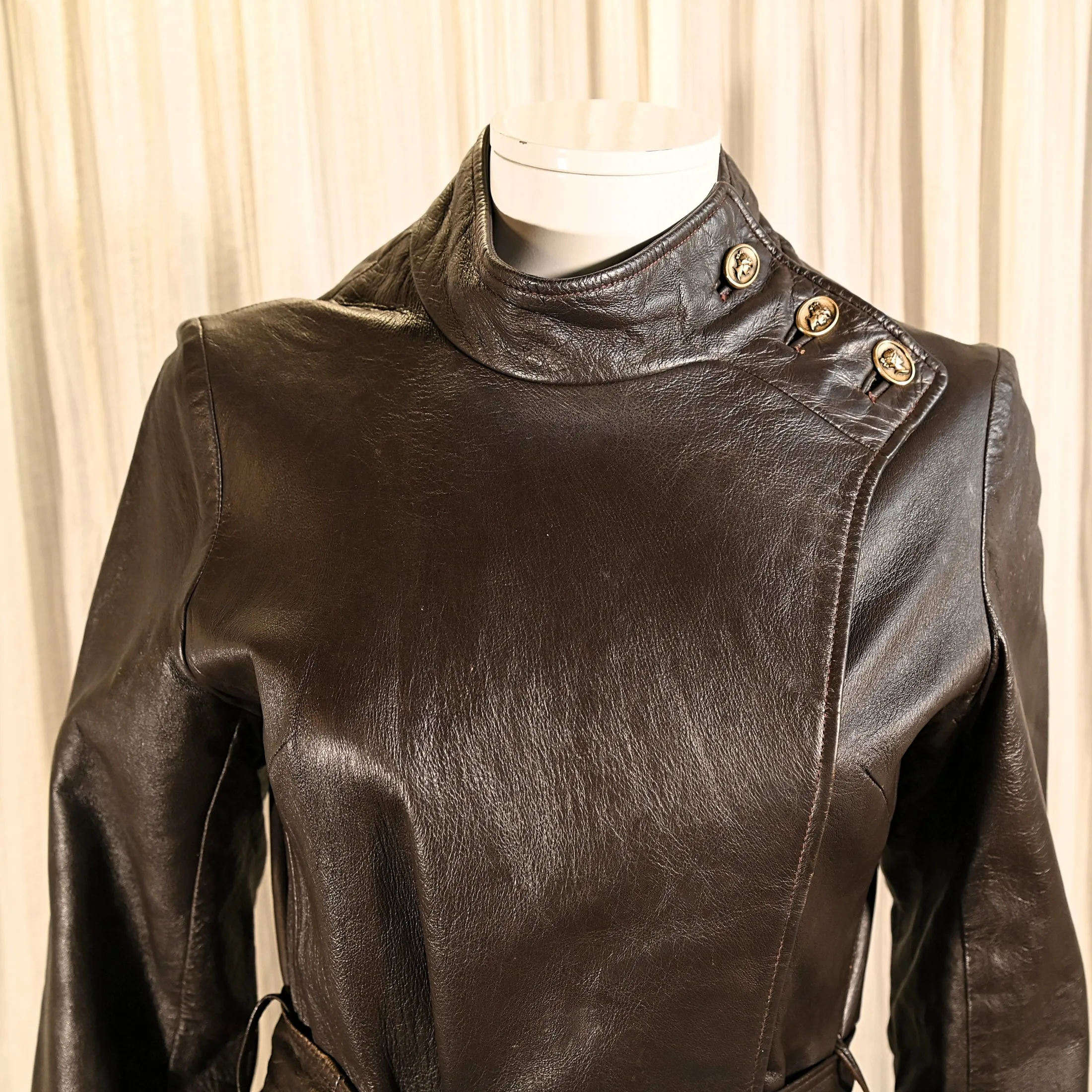 SOLD Vintage 60s Mod Brown Leather Coat, High Neckline w/Buttons XS/S