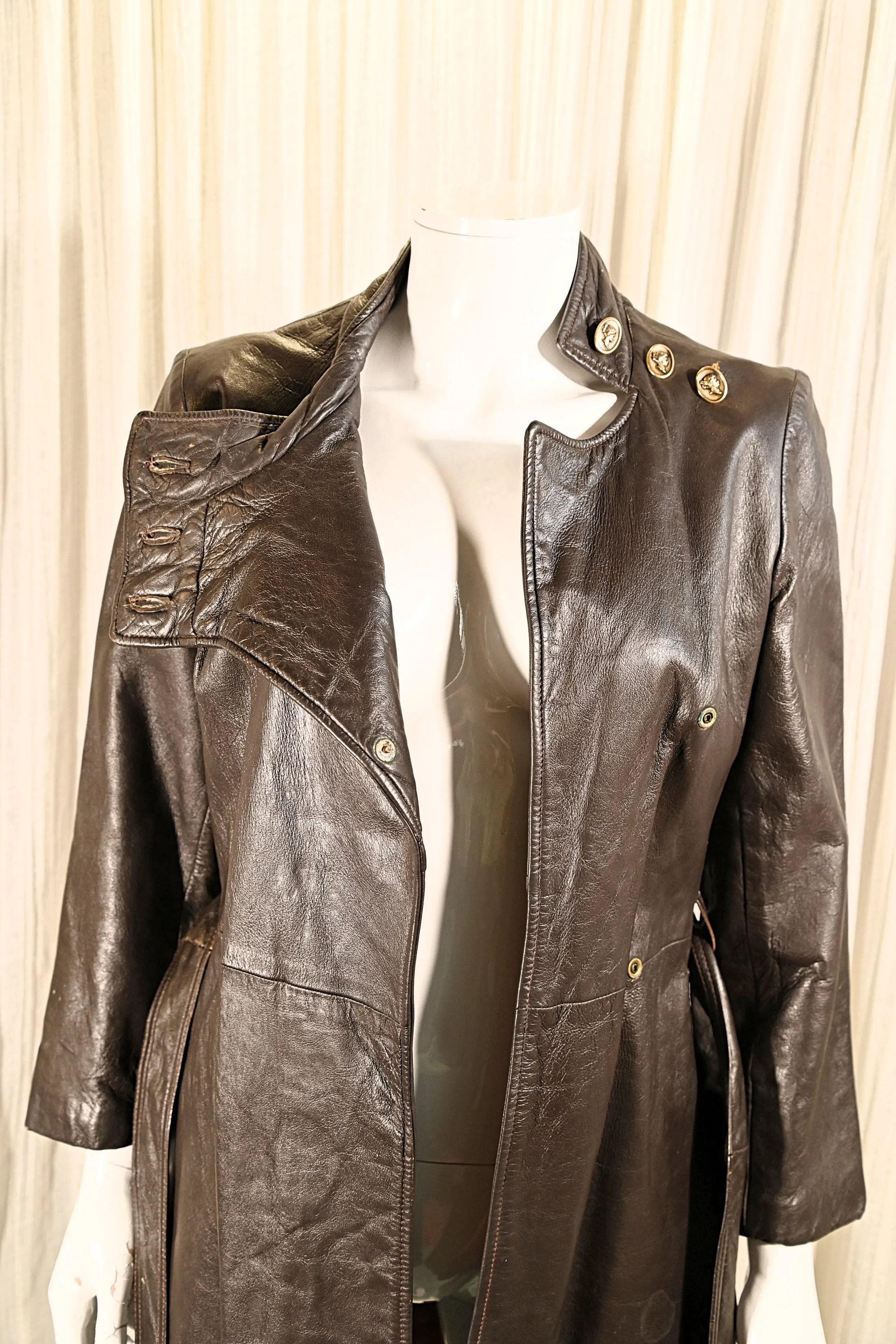 SOLD Vintage 60s Mod Brown Leather Coat, High Neckline w/Buttons XS/S